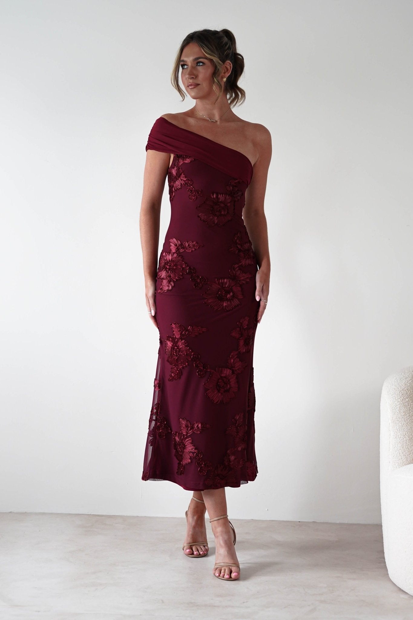 Rochelle Off The Shoulder Midi Dress Wine | Wedding Guest Dress | Off Shoulder | Midi | Oh Hello Clothing