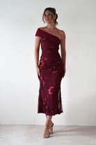 Rochelle Off The Shoulder Midi Dress Wine | Wedding Guest Dress | Off Shoulder | Midi | Oh Hello Clothing