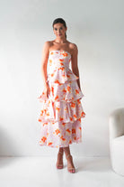 Oh Hello Clothing Women > Clothing > Dresses Rosha Floral Tiered Strapless Maxi Dress | Peach