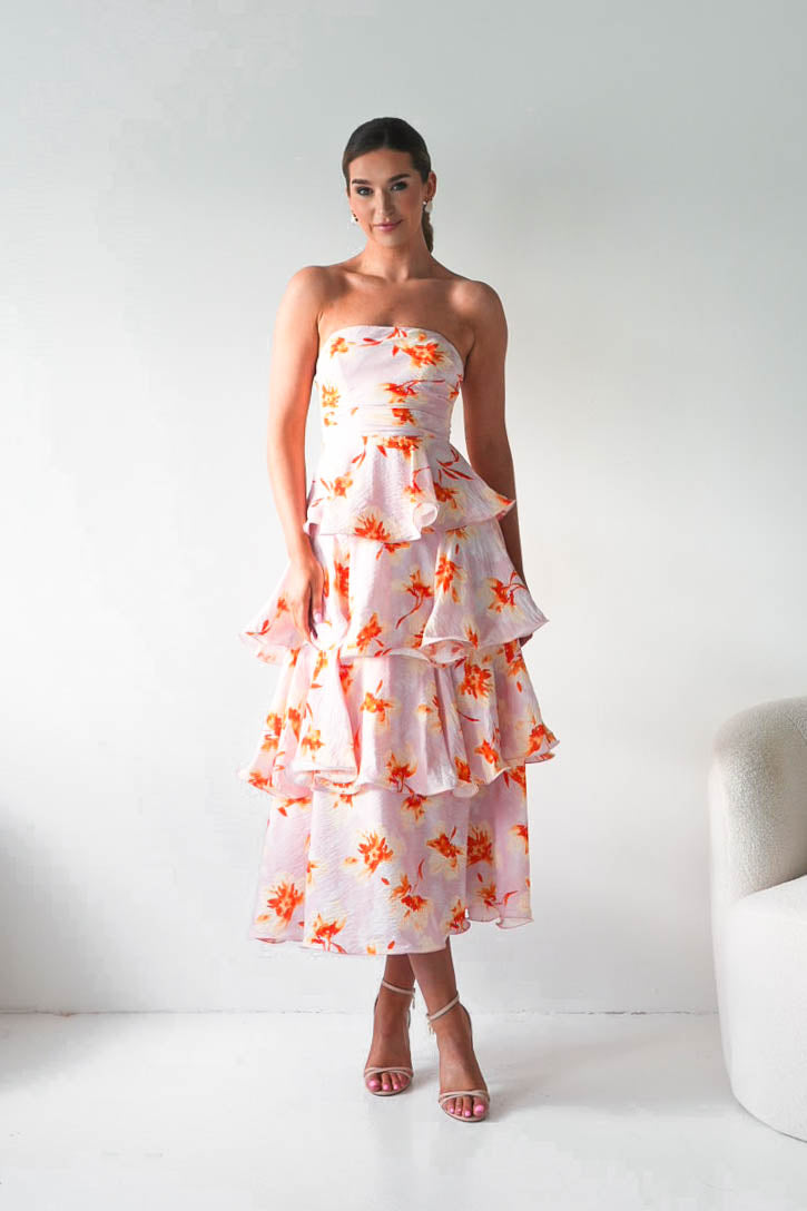 Oh Hello Clothing Women > Clothing > Dresses Rosha Floral Tiered Strapless Maxi Dress | Peach