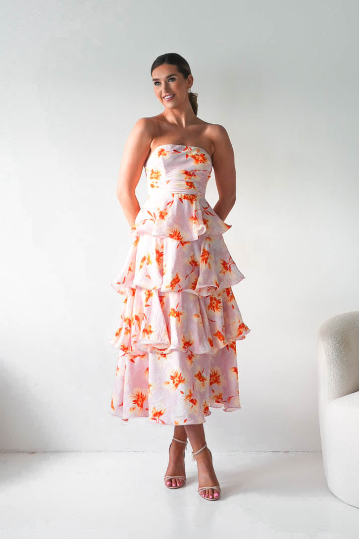 Oh Hello Clothing Women > Clothing > Dresses Rosha Floral Tiered Strapless Maxi Dress | Peach
