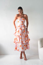 Oh Hello Clothing Women > Clothing > Dresses Rosha Floral Tiered Strapless Maxi Dress | Peach