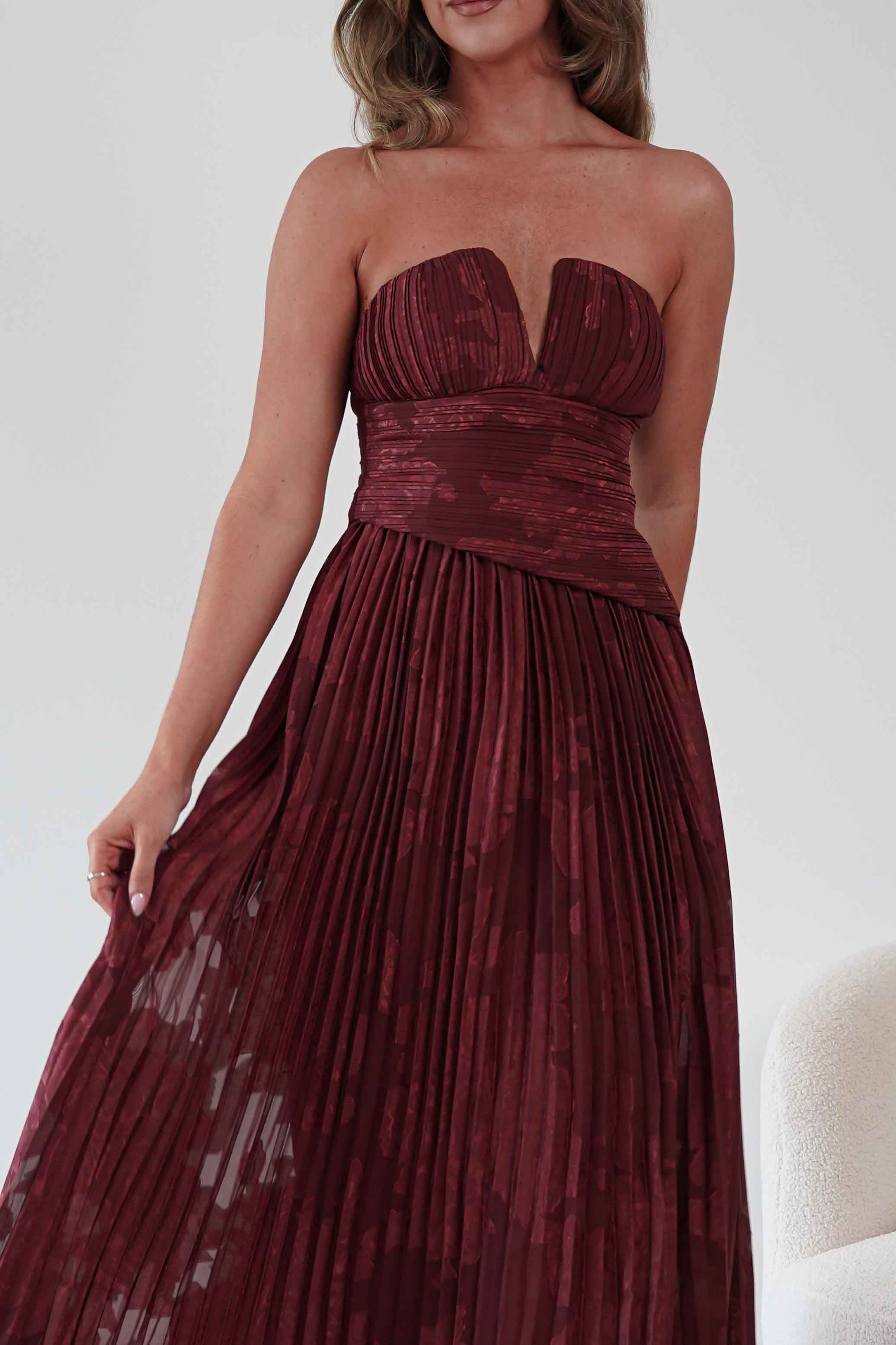 Oh Hello Clothing Women > Clothing > Dresses Rubi Floral Textured Ruffle Pleated Maxi Dress | Wine