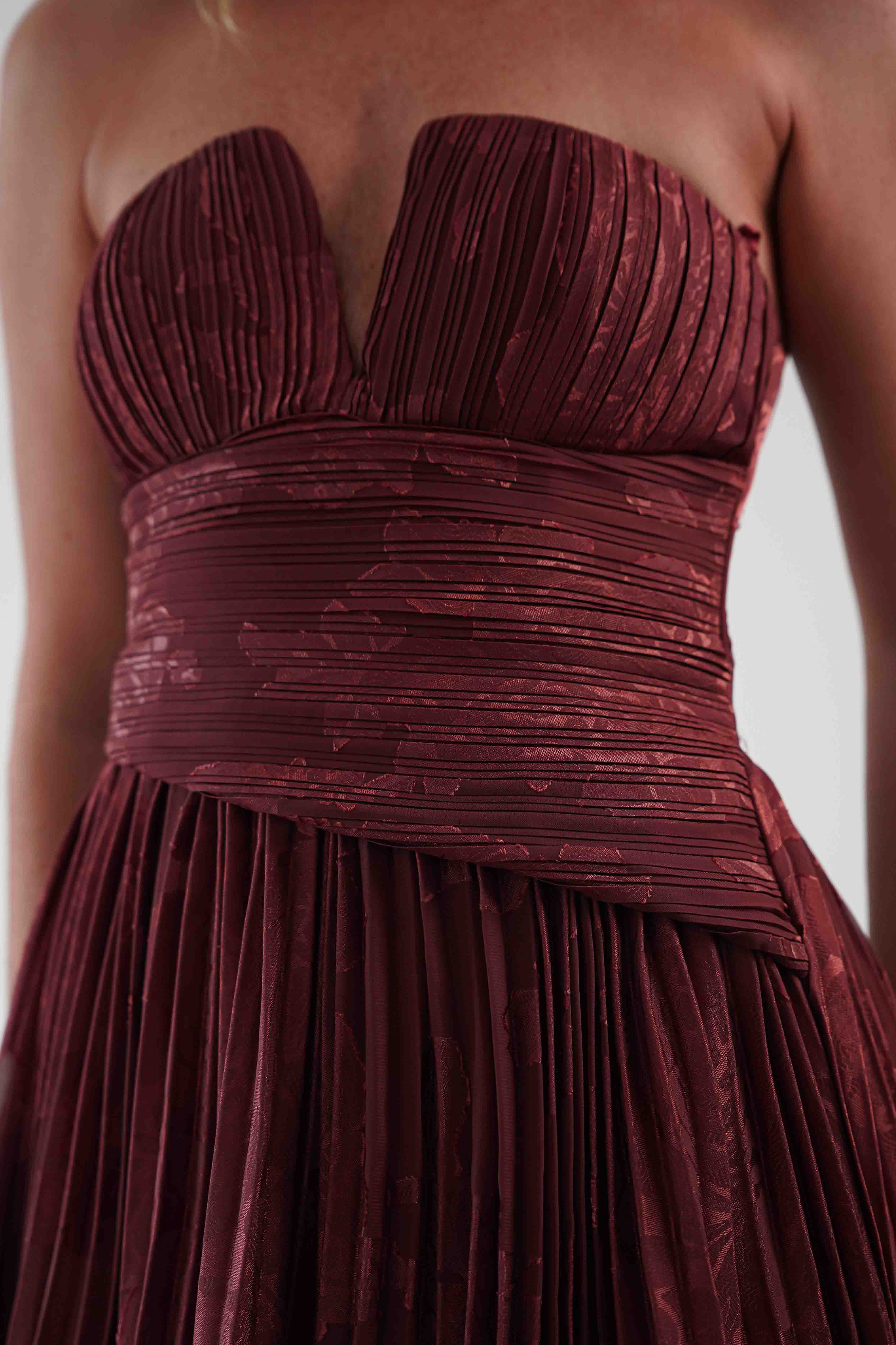 Oh Hello Clothing Women > Clothing > Dresses Rubi Floral Textured Ruffle Pleated Maxi Dress | Wine
