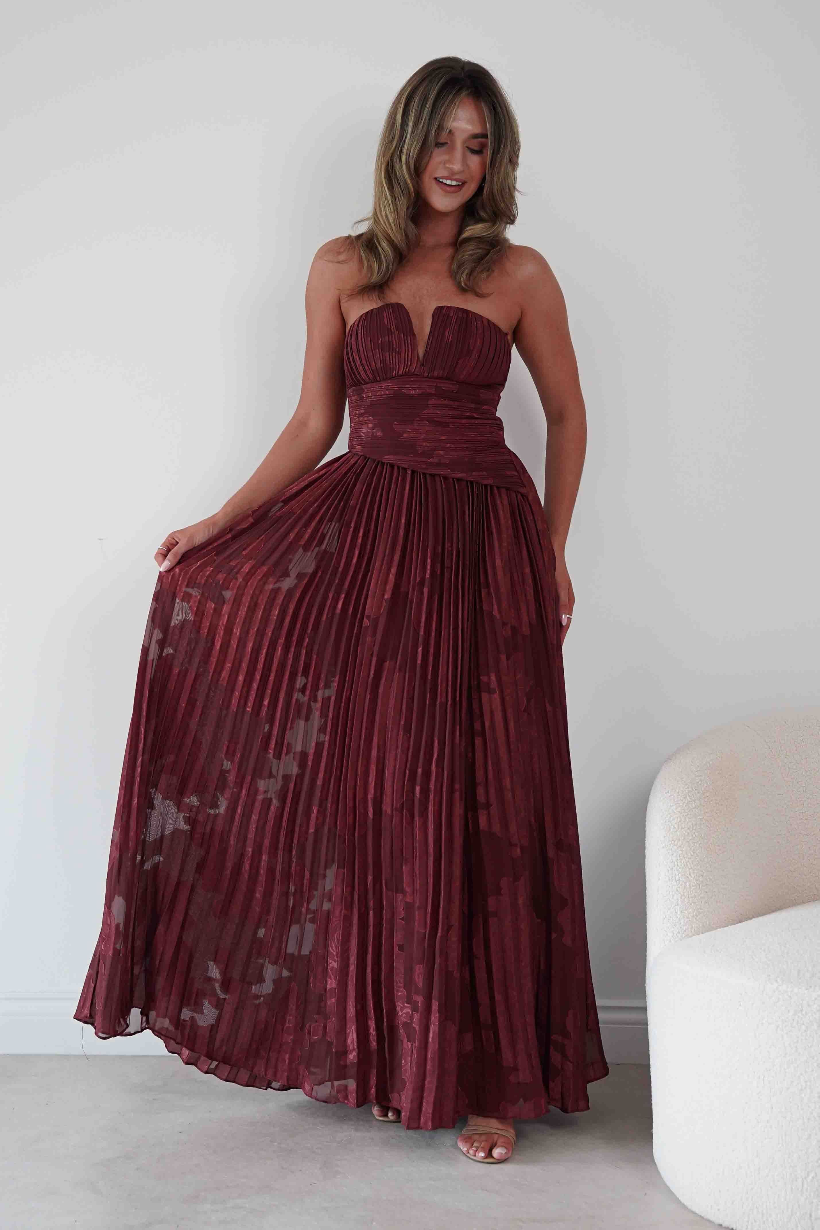 Oh Hello Clothing Women > Clothing > Dresses Rubi Floral Textured Ruffle Pleated Maxi Dress | Wine