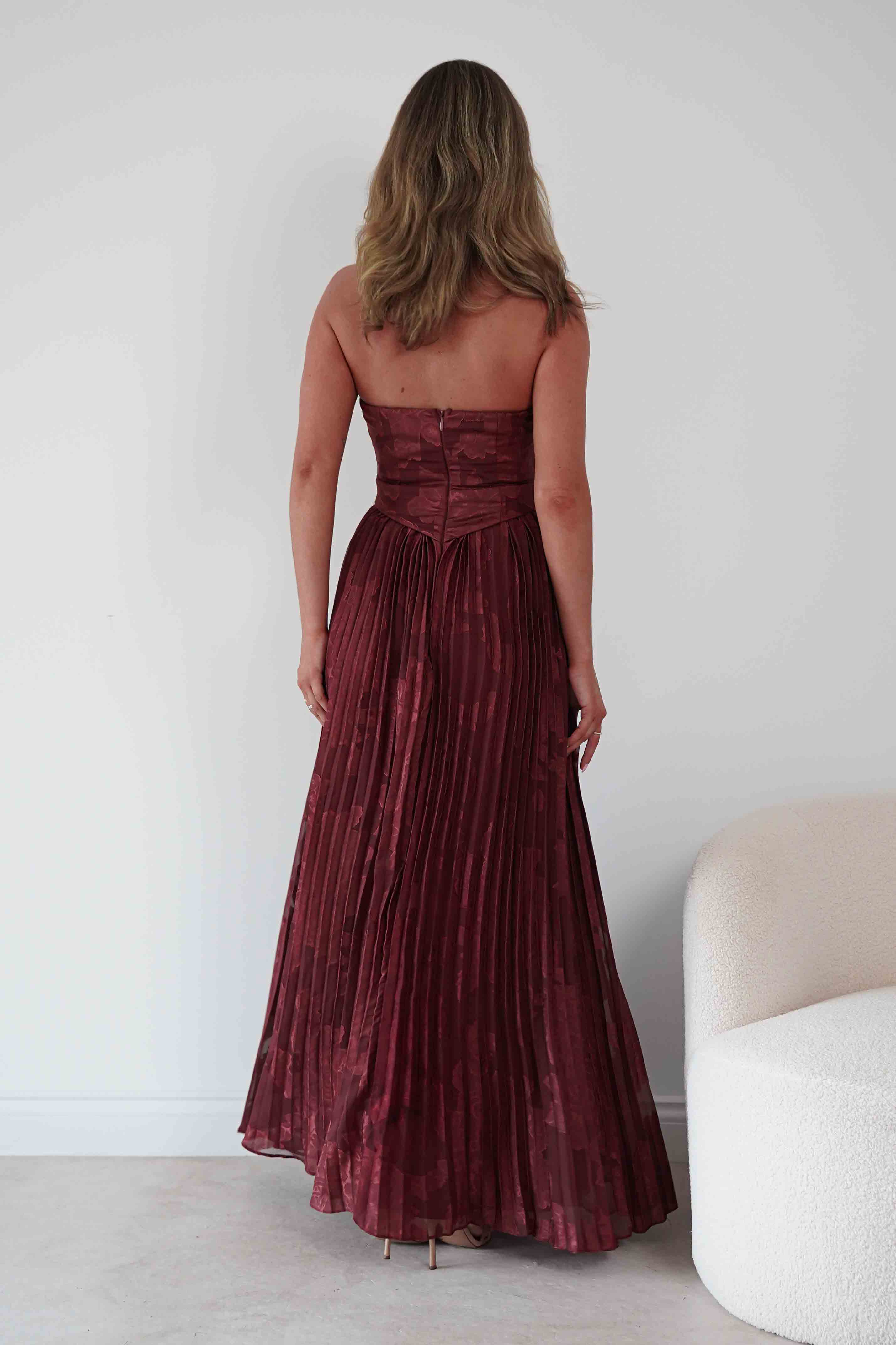 Oh Hello Clothing Women > Clothing > Dresses Rubi Floral Textured Ruffle Pleated Maxi Dress | Wine