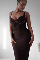 Oh Hello Clothing Dresses 1*DONE - F&P - 616015- brown midi dress featuring intricate bead