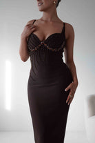 Oh Hello Clothing Dresses 1*DONE - F&P - 616015- brown midi dress featuring intricate bead