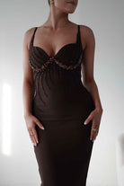 Oh Hello Clothing Dresses 1*DONE - F&P - 616015- brown midi dress featuring intricate bead