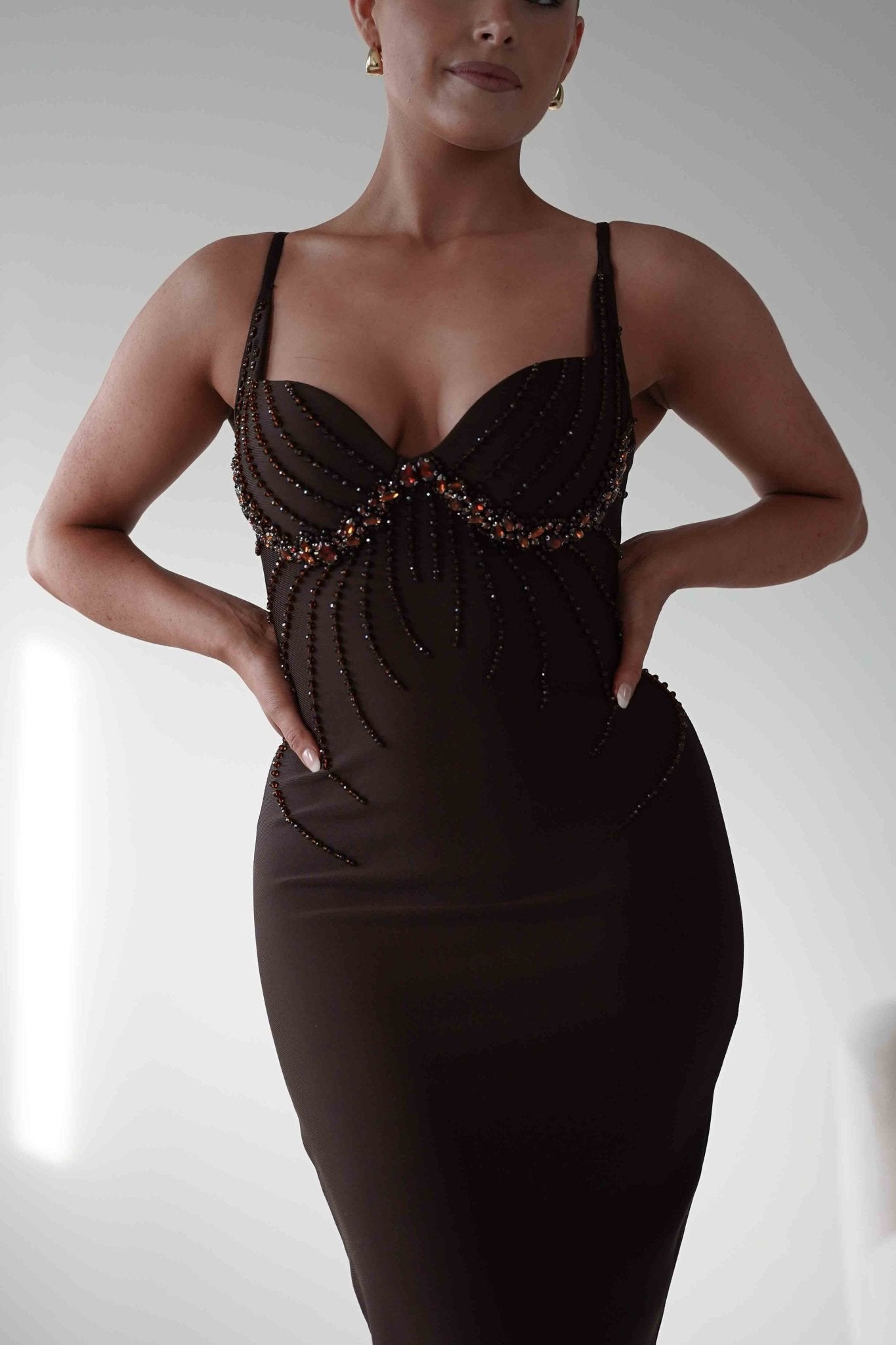 Oh Hello Clothing Dresses 1*DONE - F&P - 616015- brown midi dress featuring intricate bead