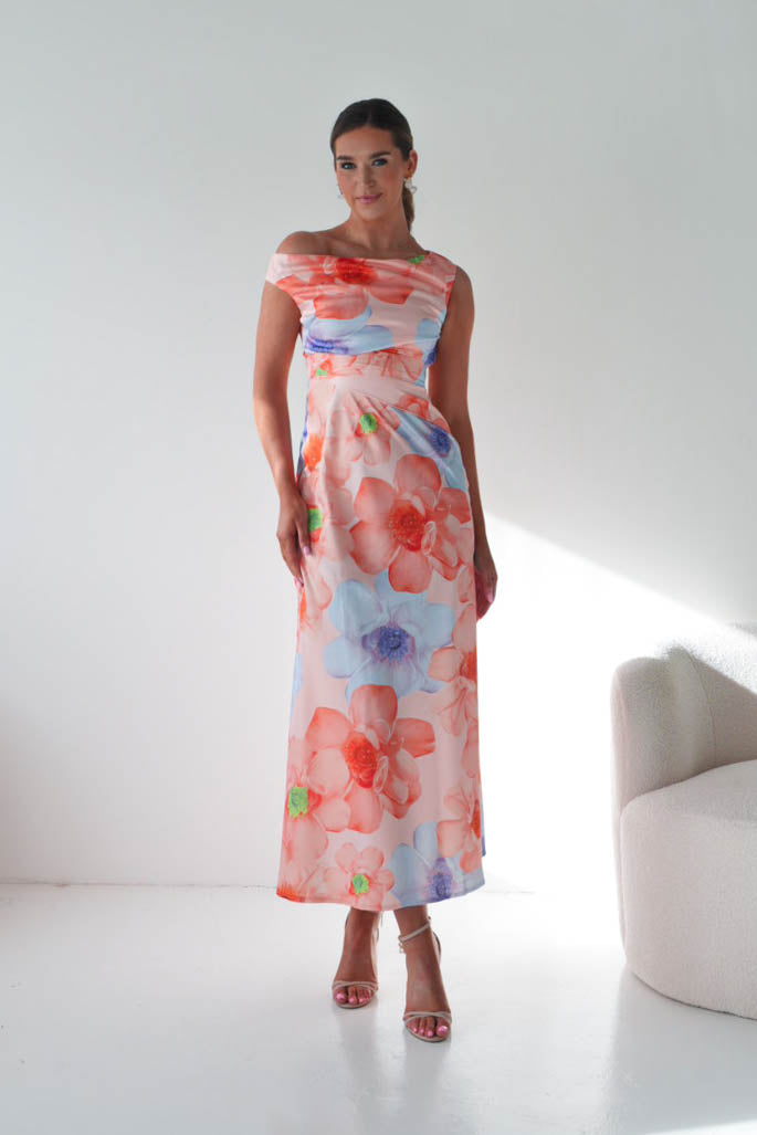 Oh Hello Clothing Women > Clothing > Dresses Rumi Floral Print Off The Shoulder Maxi | Orange/Lilac