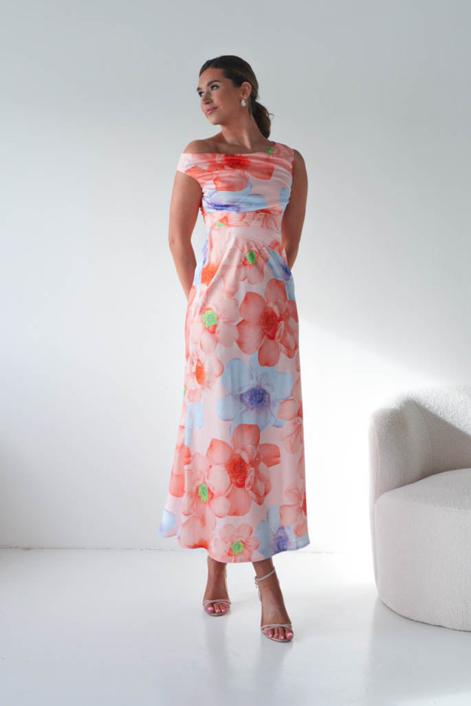 Oh Hello Clothing Women > Clothing > Dresses Rumi Floral Print Off The Shoulder Maxi | Orange/Lilac