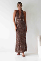 Sabrina Beaded Halterneck Maxi Dress Brown | Wedding Guest Dress | Halter Neck | Maxi | Oh Hello Clothing
