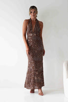 Sabrina Beaded Halterneck Maxi Dress Brown | Wedding Guest Dress | Halter Neck | Maxi | Oh Hello Clothing