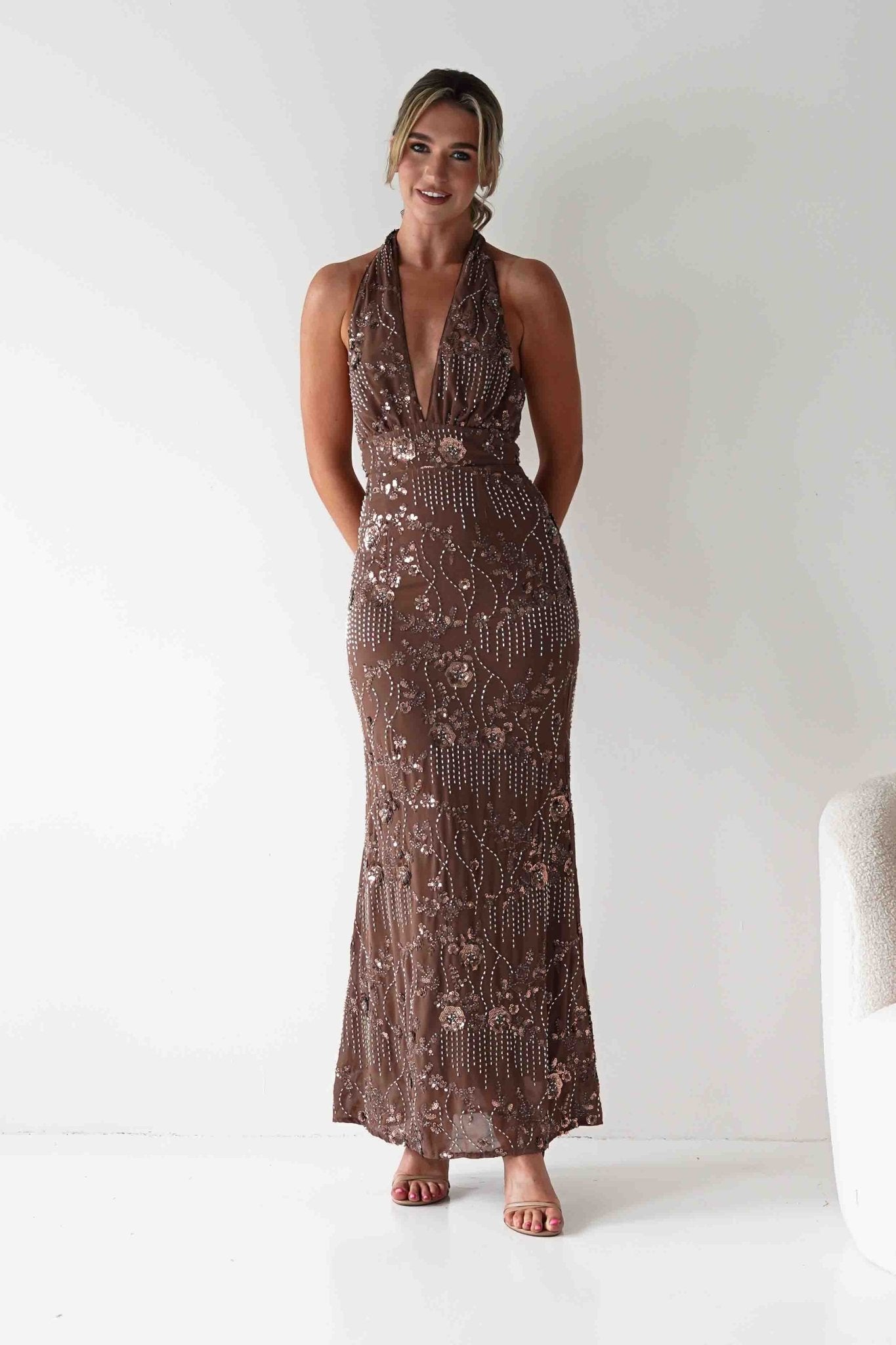 Sabrina Beaded Halterneck Maxi Dress Brown | Wedding Guest Dress | Halter Neck | Maxi | Oh Hello Clothing