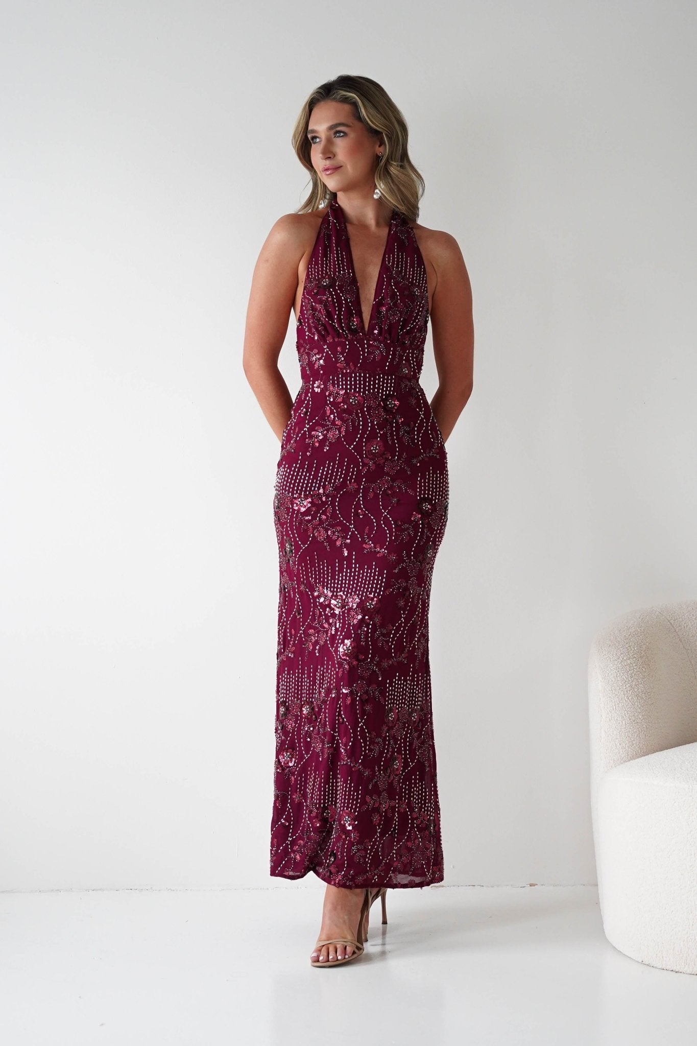 Oh Hello Clothing Dresses Sabrina Beaded Halterneck Maxi Dress | Wine