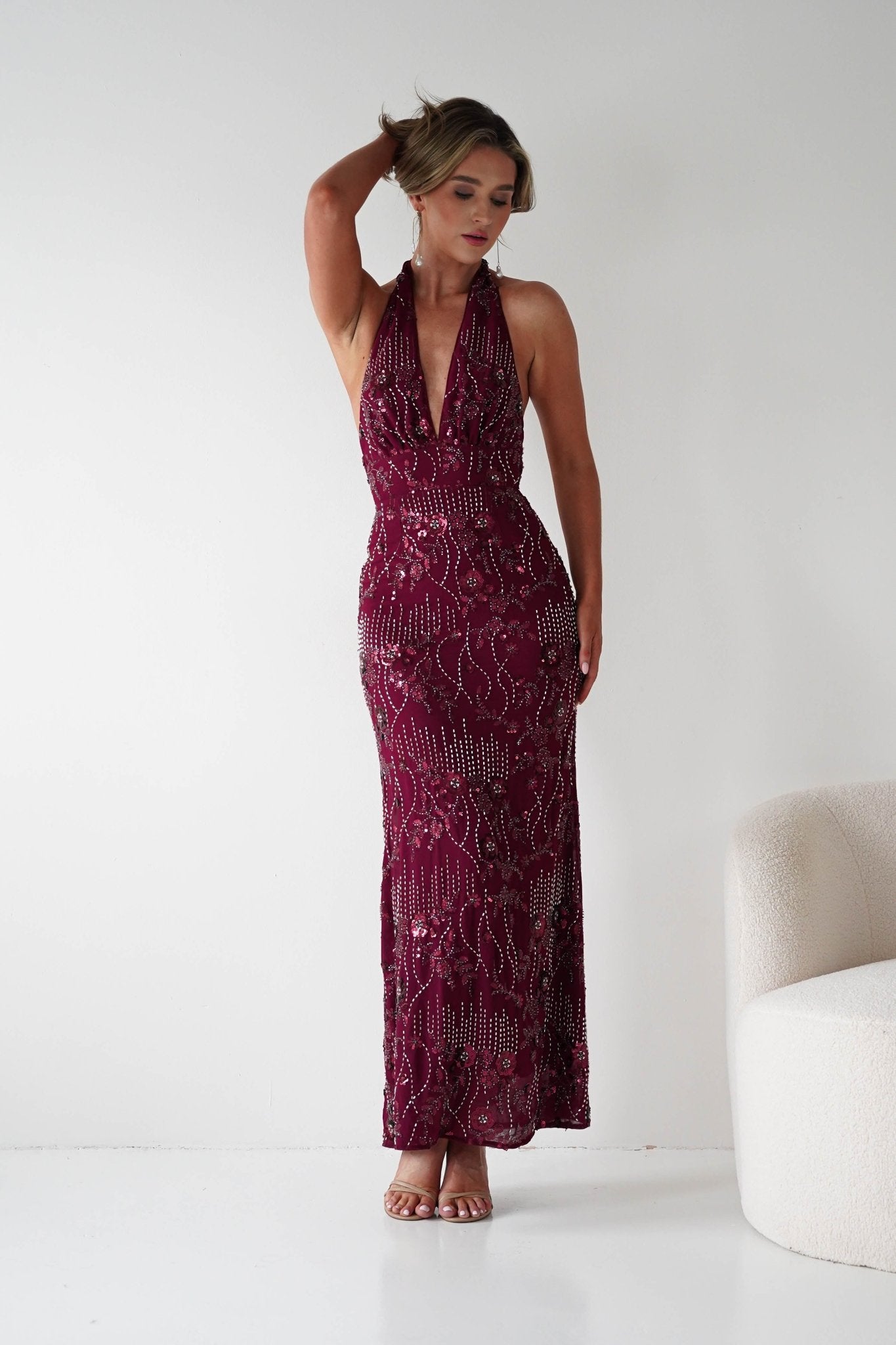 Oh Hello Clothing Dresses Sabrina Beaded Halterneck Maxi Dress | Wine