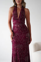 Oh Hello Clothing Dresses Sabrina Beaded Halterneck Maxi Dress | Wine