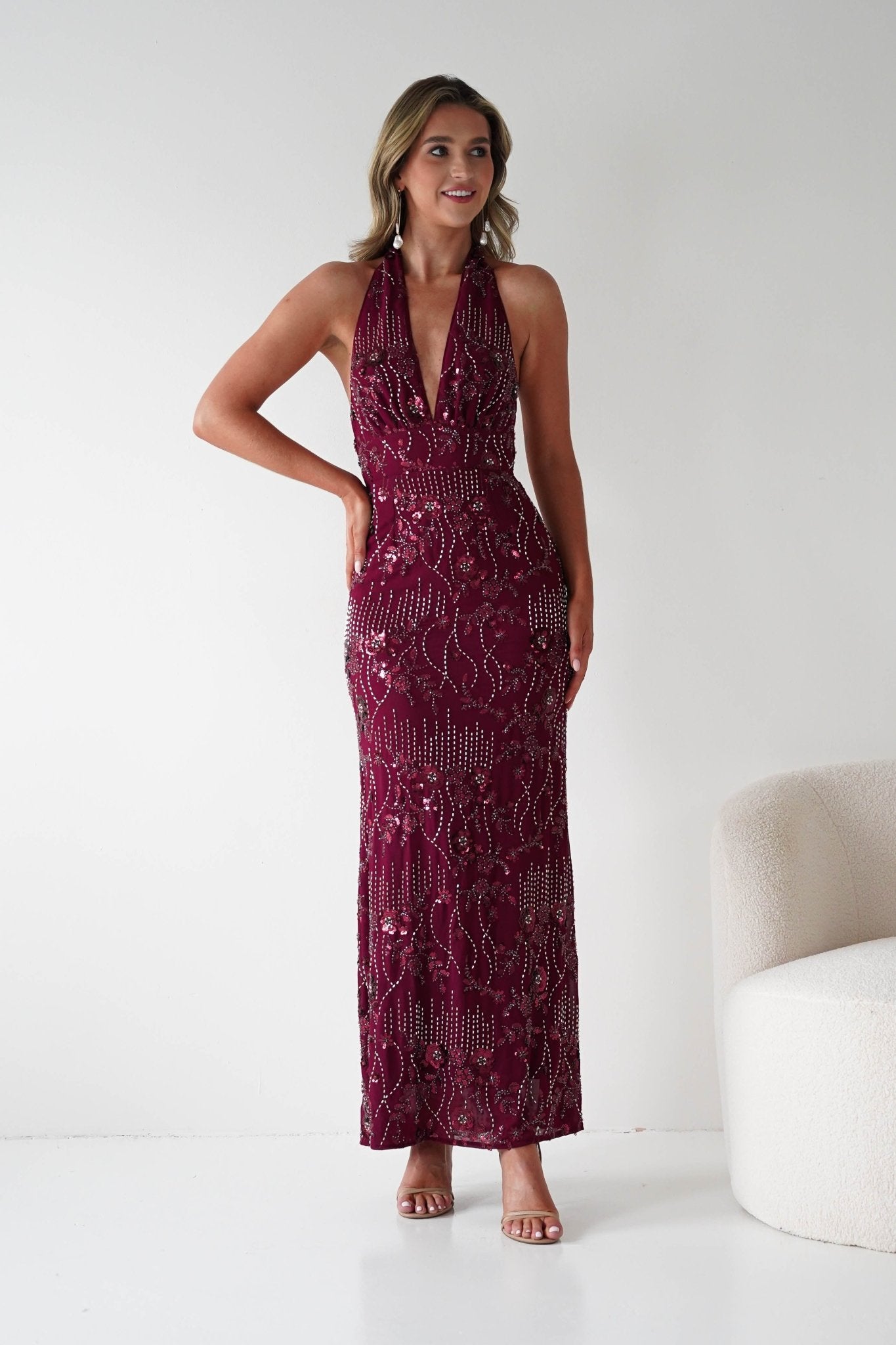 Oh Hello Clothing Dresses Sabrina Beaded Halterneck Maxi Dress | Wine