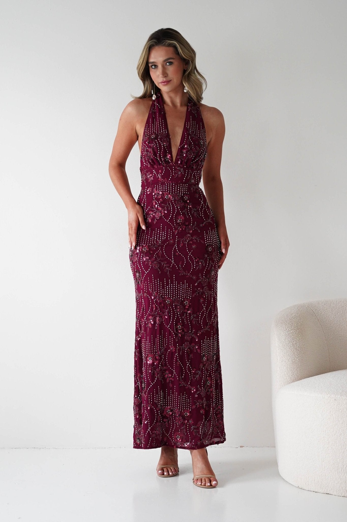 Oh Hello Clothing Dresses Sabrina Beaded Halterneck Maxi Dress | Wine