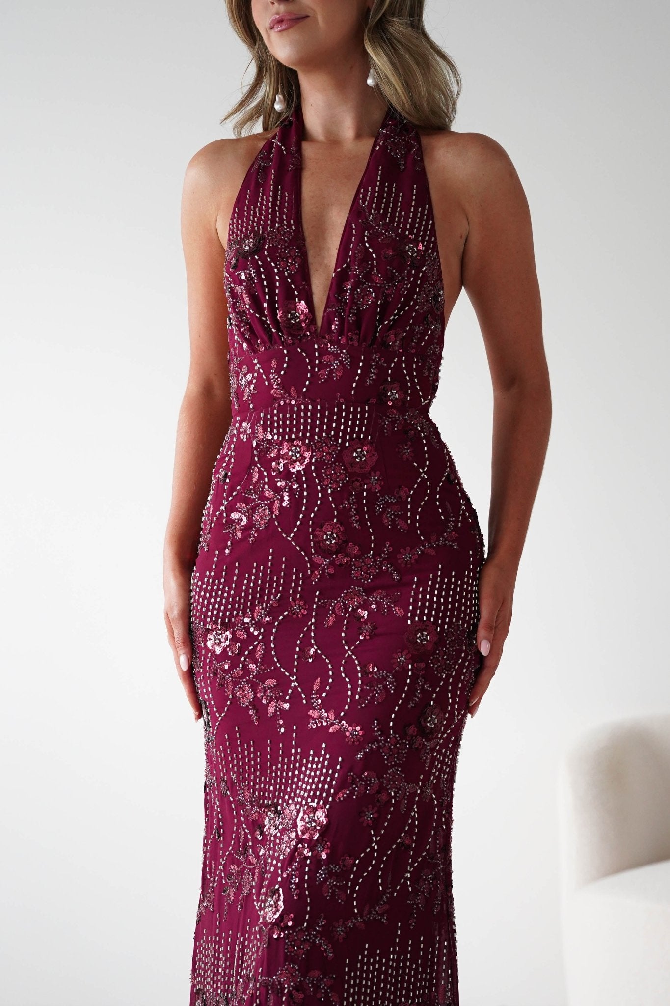 Oh Hello Clothing Dresses Sabrina Beaded Halterneck Maxi Dress | Wine