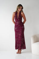 Oh Hello Clothing Dresses Sabrina Beaded Halterneck Maxi Dress | Wine