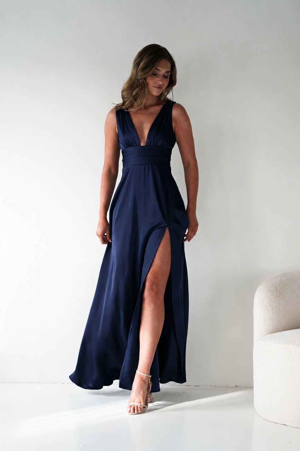 Oh Hello Clothing Dresses > Prom Dresses Saffron V-Neck Soft Satin Maxi Dress | Navy