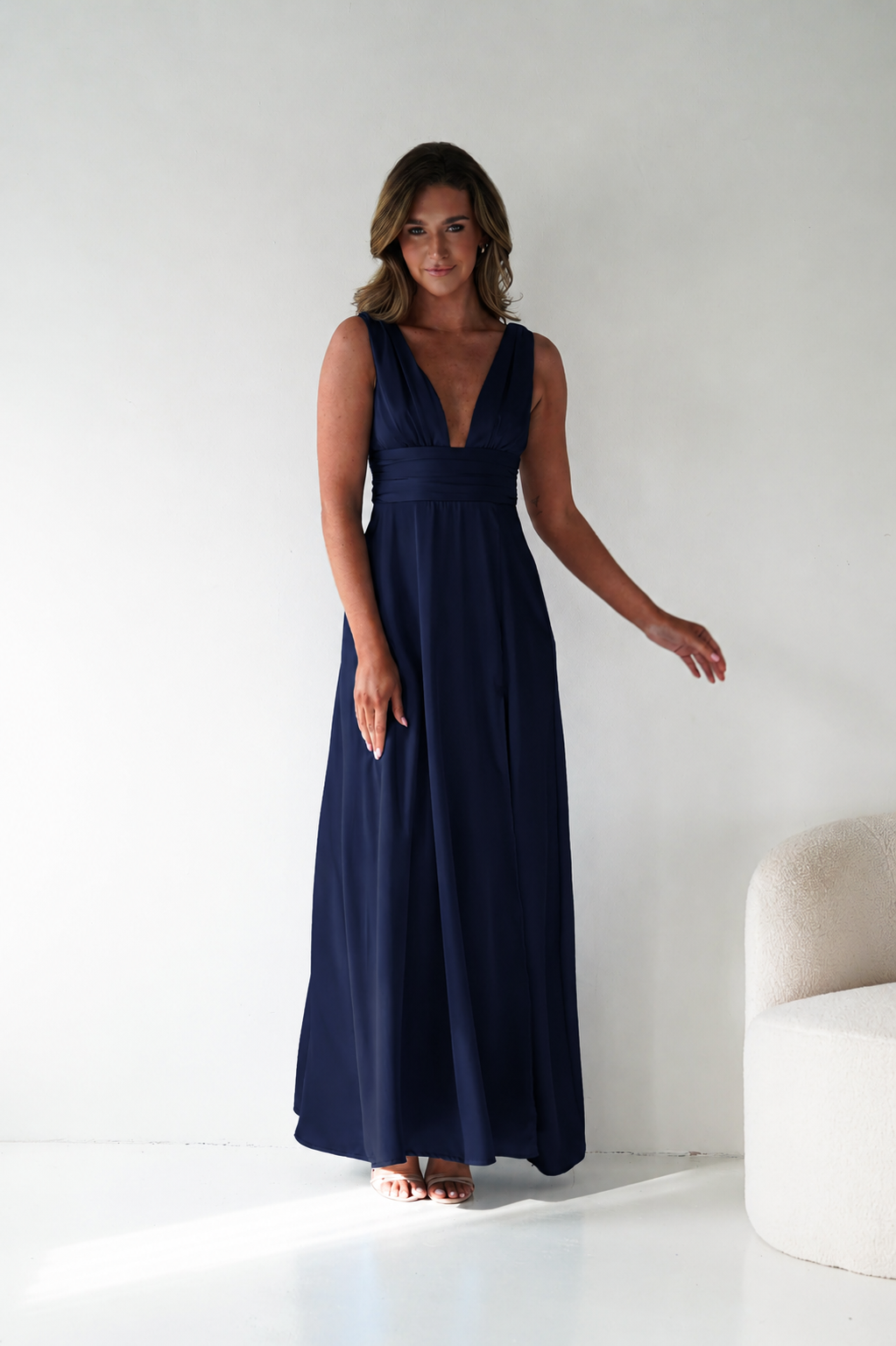 Oh Hello Clothing Dresses > Prom Dresses Saffron V-Neck Soft Satin Maxi Dress | Navy