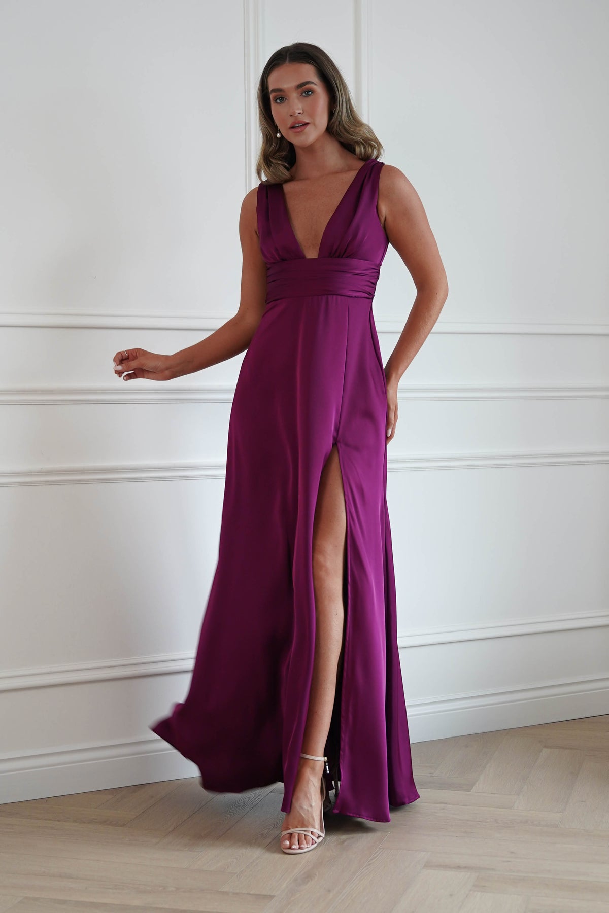 Oh Hello Clothing Women > Clothing > Dresses Saffron V-Neck Soft Satin Maxi Dress | Plum