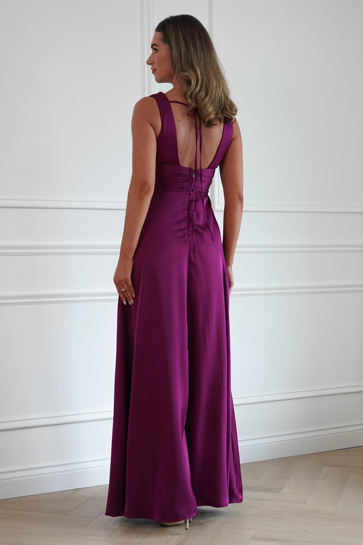 Oh Hello Clothing Women > Clothing > Dresses Saffron V-Neck Soft Satin Maxi Dress | Plum
