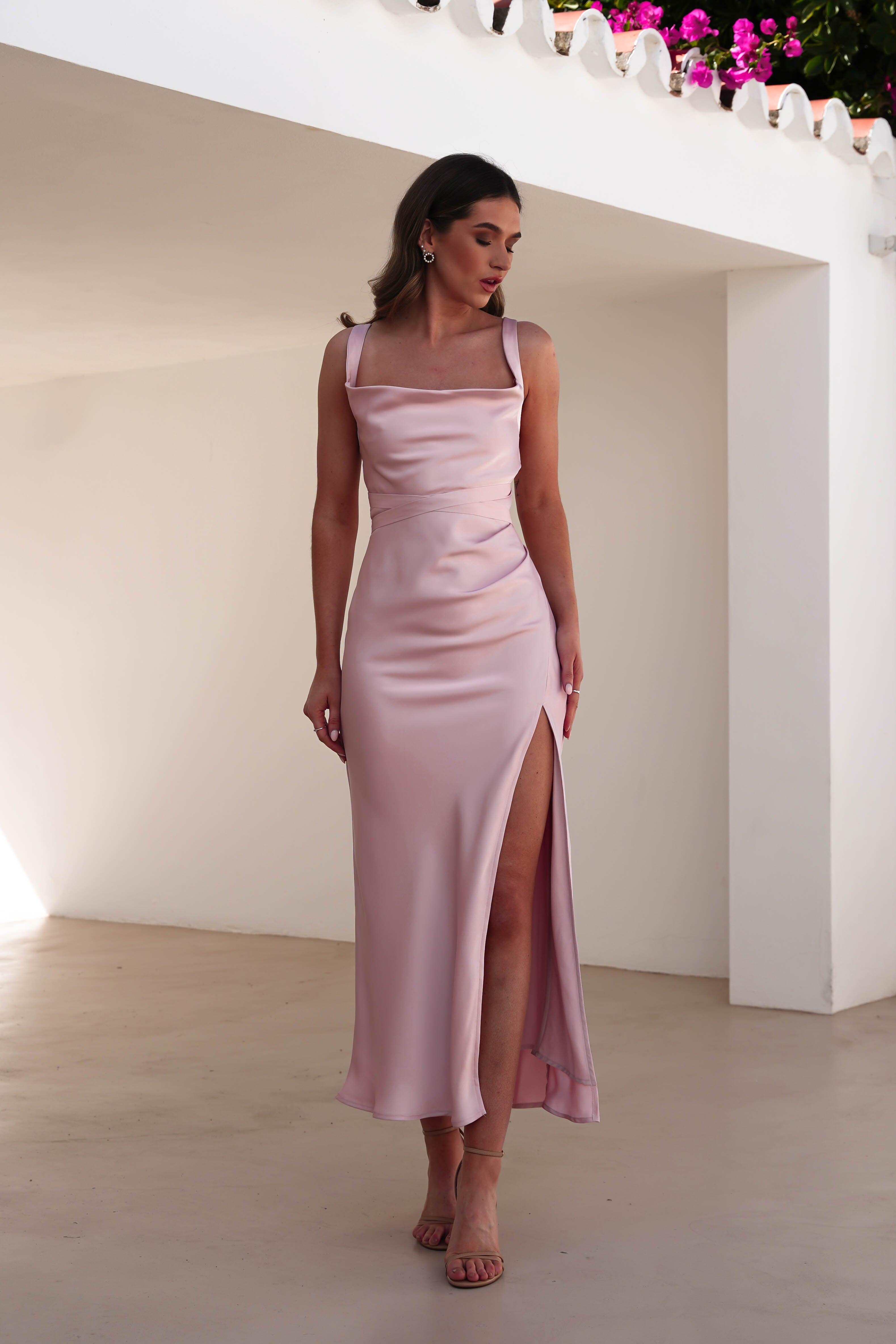 Salma Soft Matte Satin Midaxi Dress Blush Pink | Wedding Guest Dress | Satin | Oh Hello Clothing