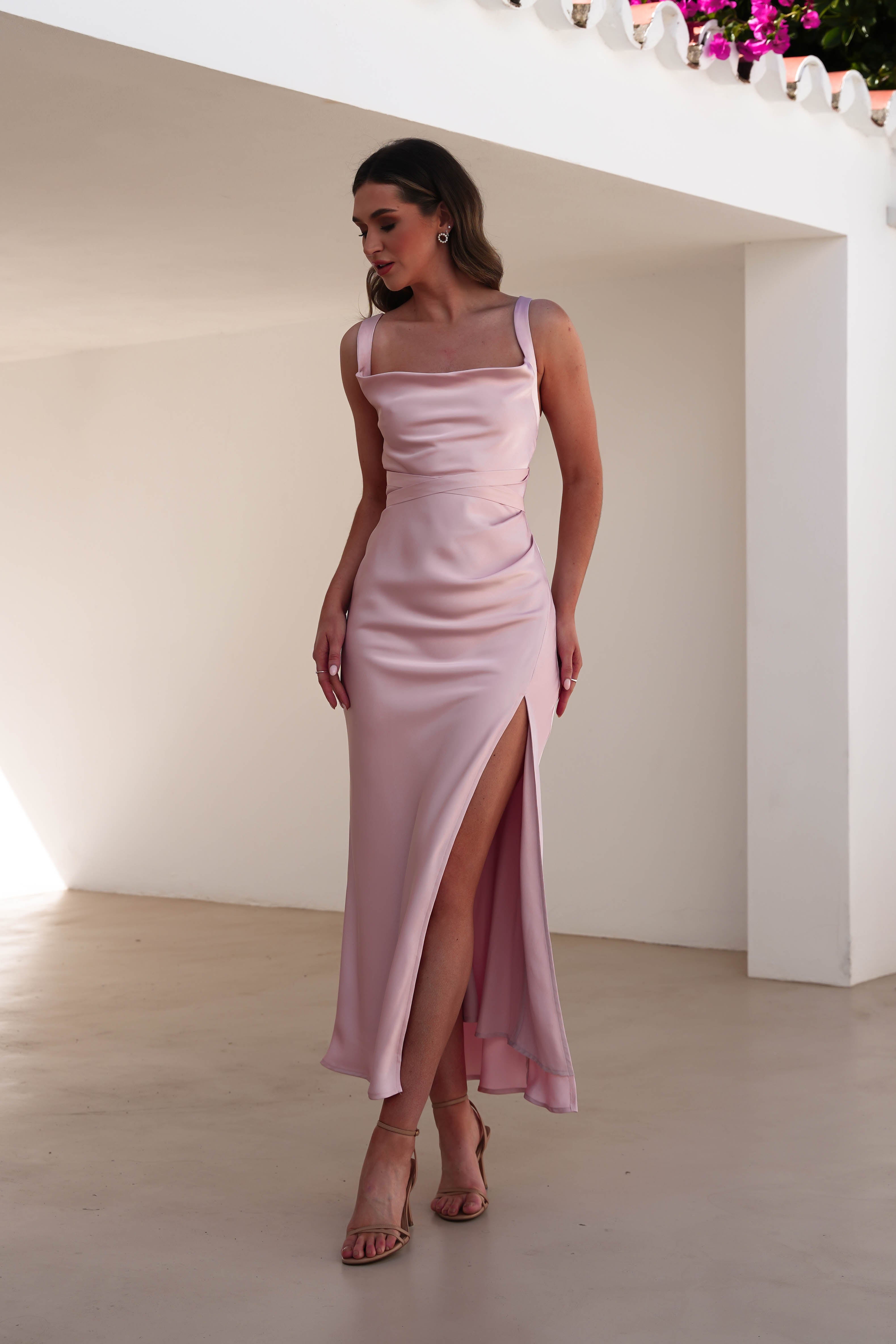 Salma Soft Matte Satin Midaxi Dress Blush Pink | Wedding Guest Dress | Satin | Oh Hello Clothing