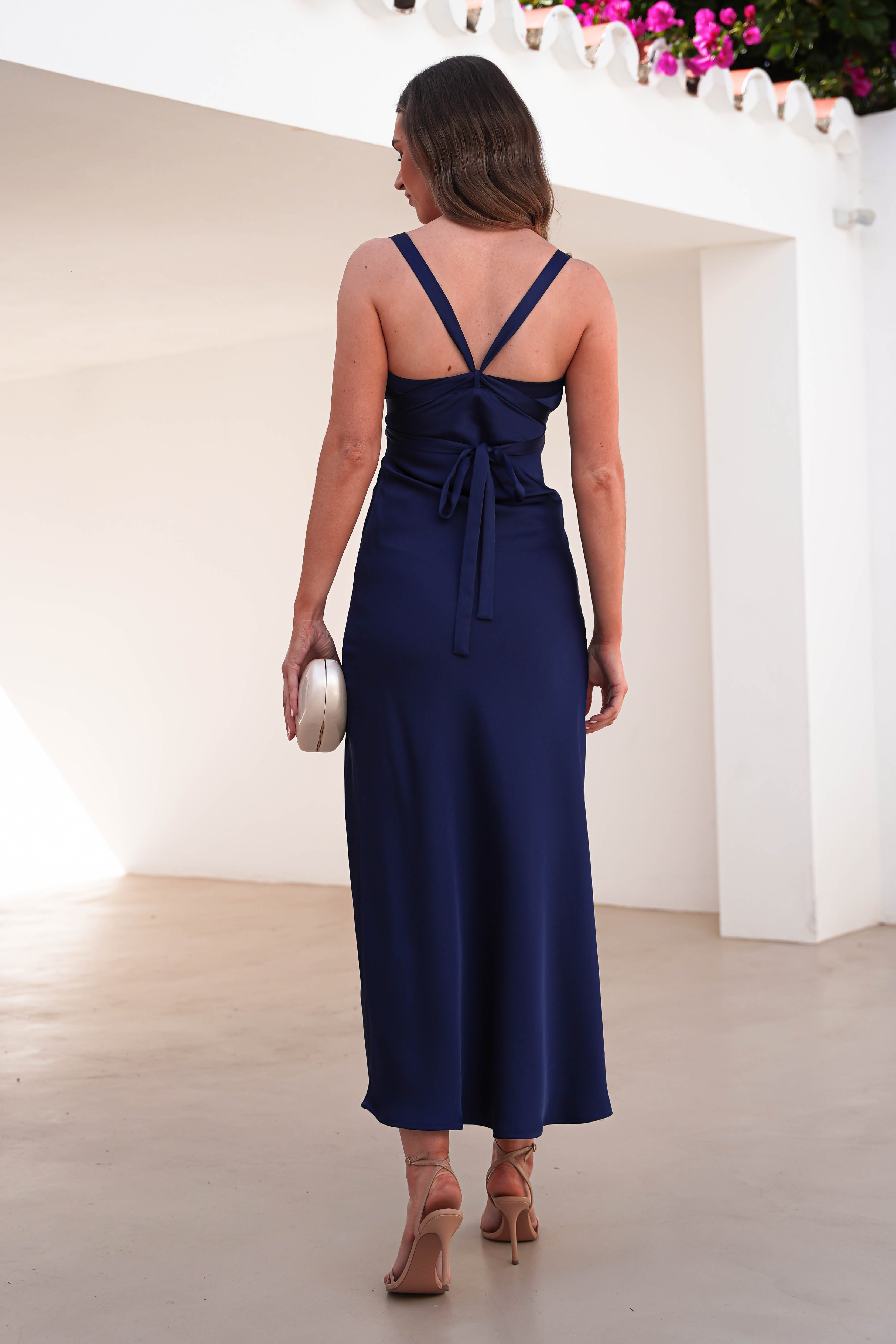 Salma Soft Matte Satin Midaxi Dress Navy | Wedding Guest Dress | Satin | Oh Hello Clothing