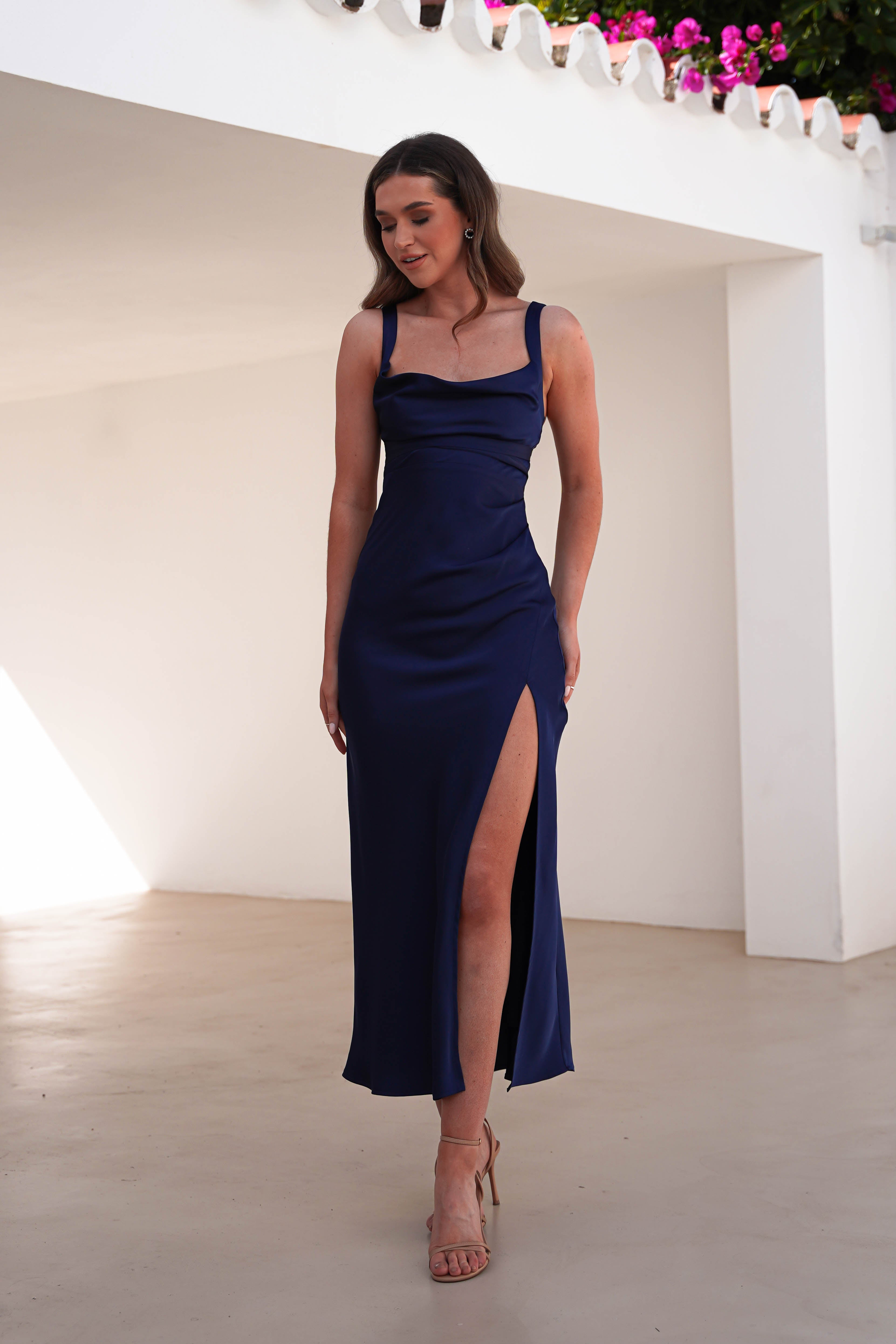 Salma Soft Matte Satin Midaxi Dress Navy | Wedding Guest Dress | Satin | Oh Hello Clothing