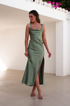Salma Soft Matte Satin Midaxi Dress Olive | Wedding Guest Dress | Satin | Oh Hello Clothing