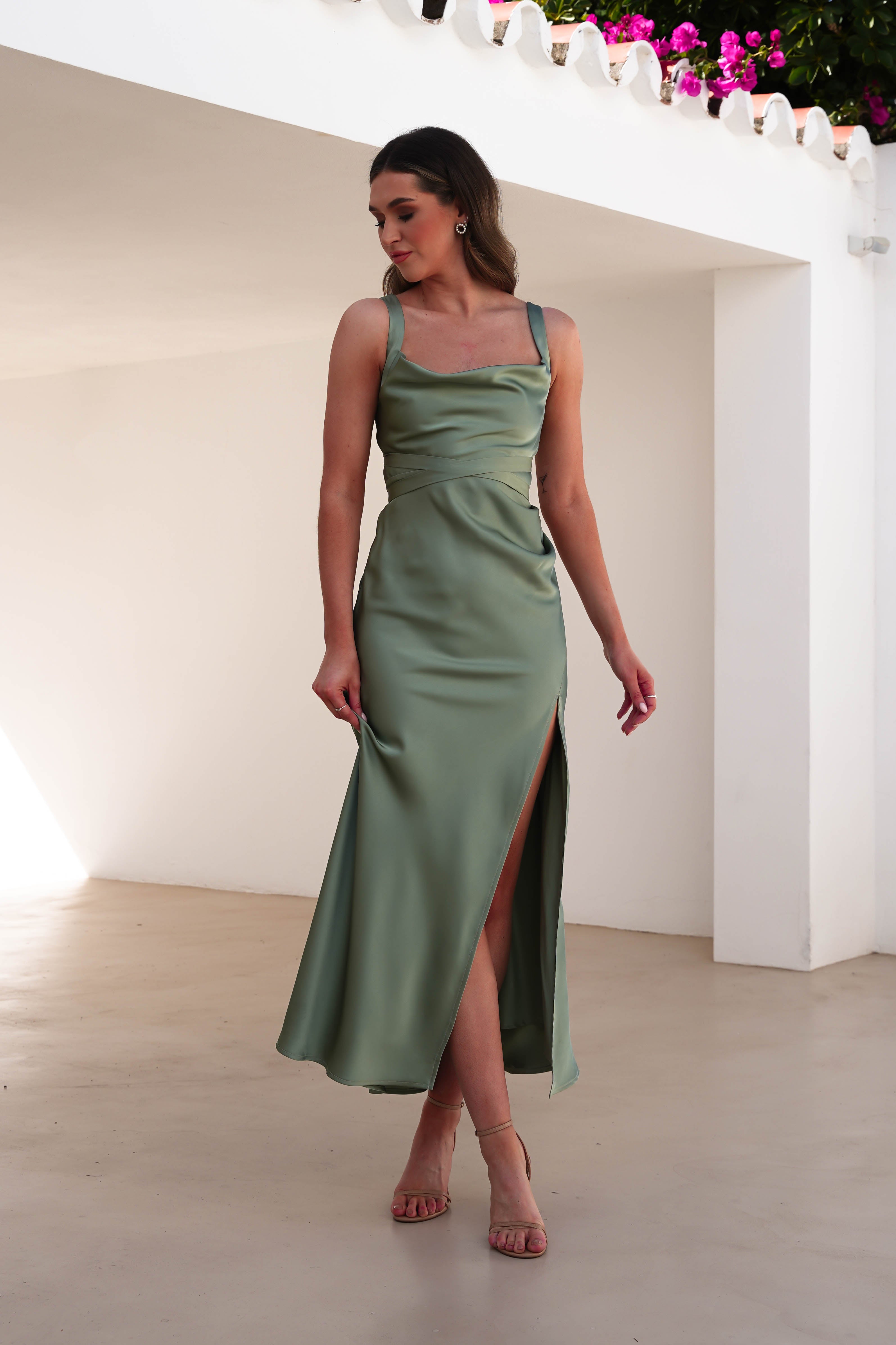 Salma Soft Matte Satin Midaxi Dress Olive | Wedding Guest Dress | Satin | Oh Hello Clothing