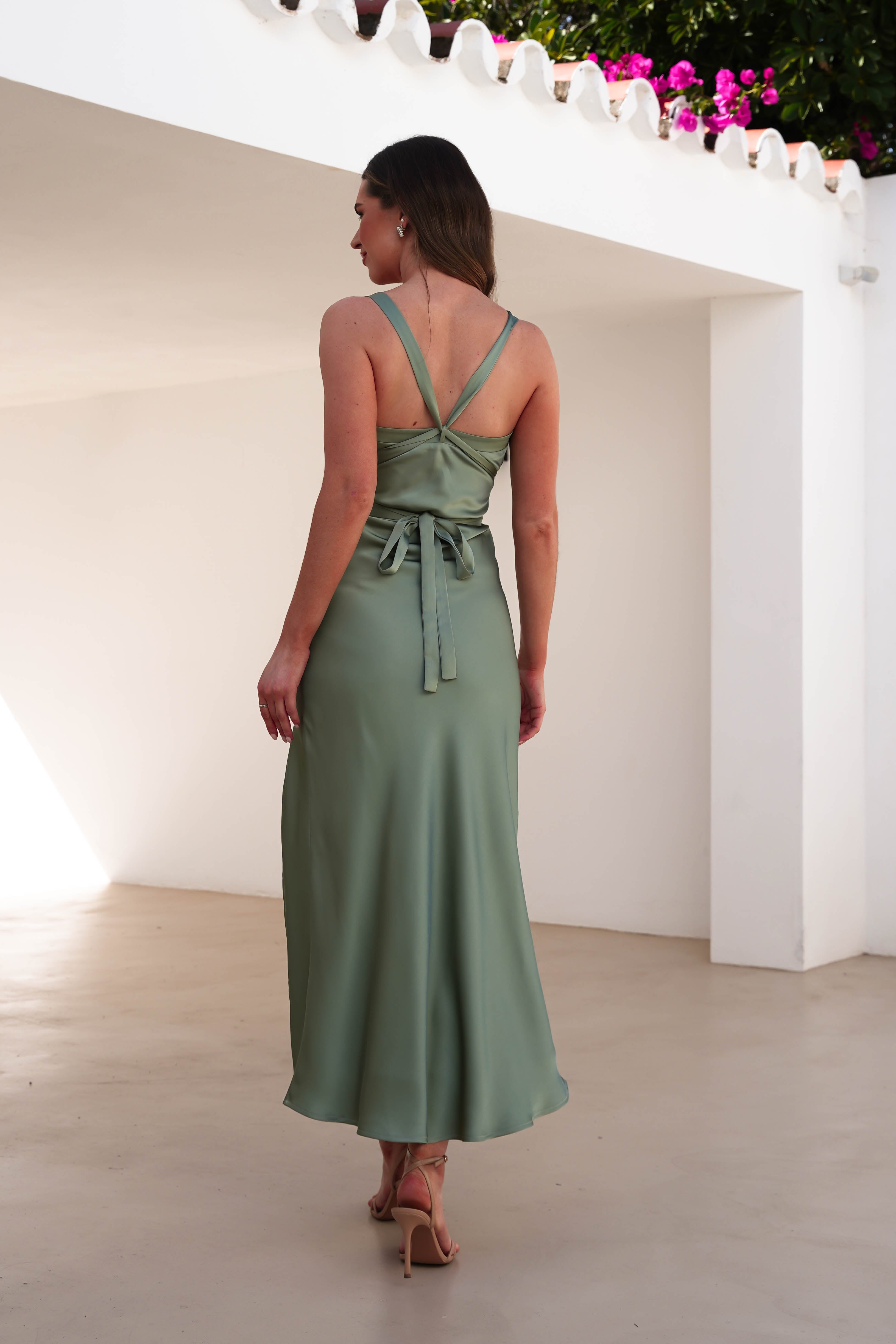 Salma Soft Matte Satin Midaxi Dress Olive | Wedding Guest Dress | Satin | Oh Hello Clothing