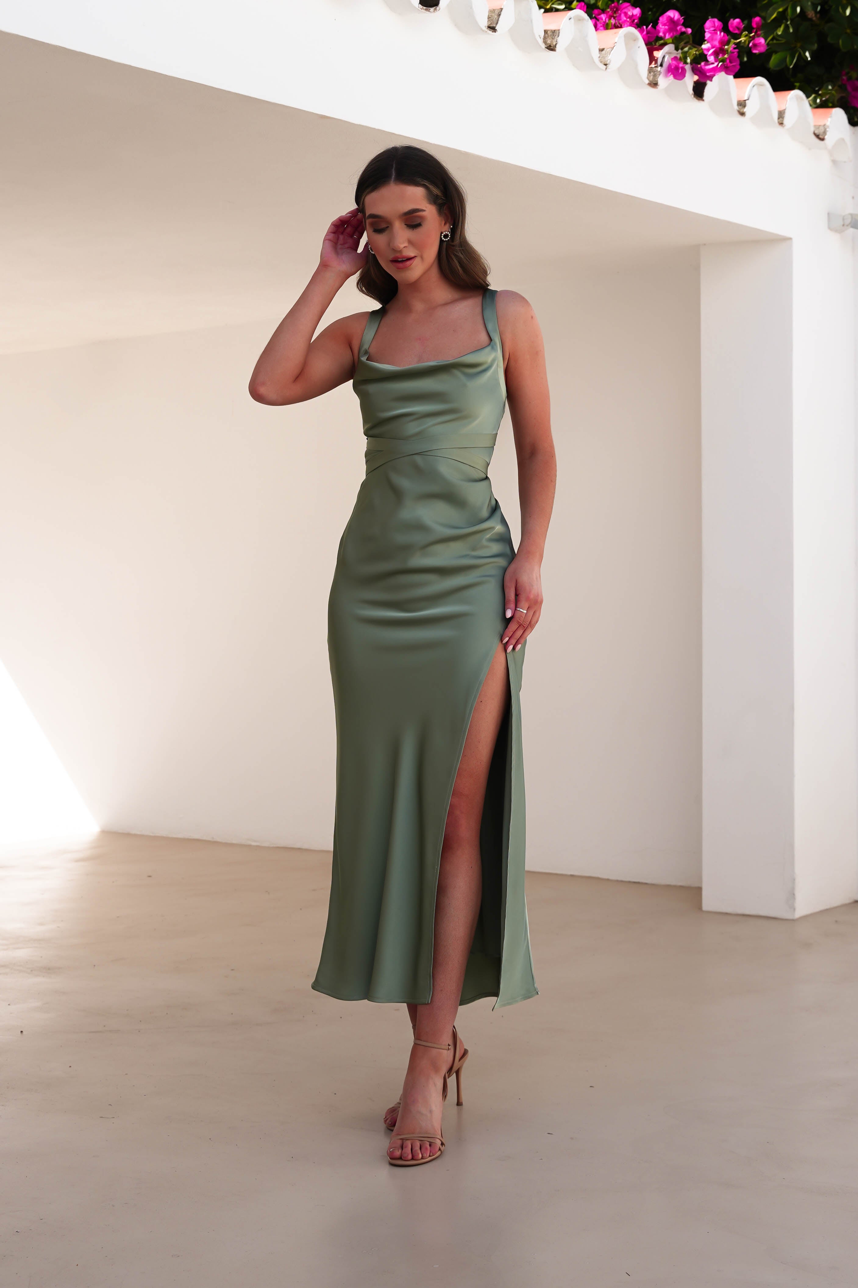 Salma Soft Matte Satin Midaxi Dress Olive | Wedding Guest Dress | Satin | Oh Hello Clothing