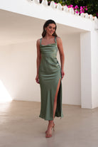 Salma Soft Matte Satin Midaxi Dress Olive | Wedding Guest Dress | Satin | Oh Hello Clothing
