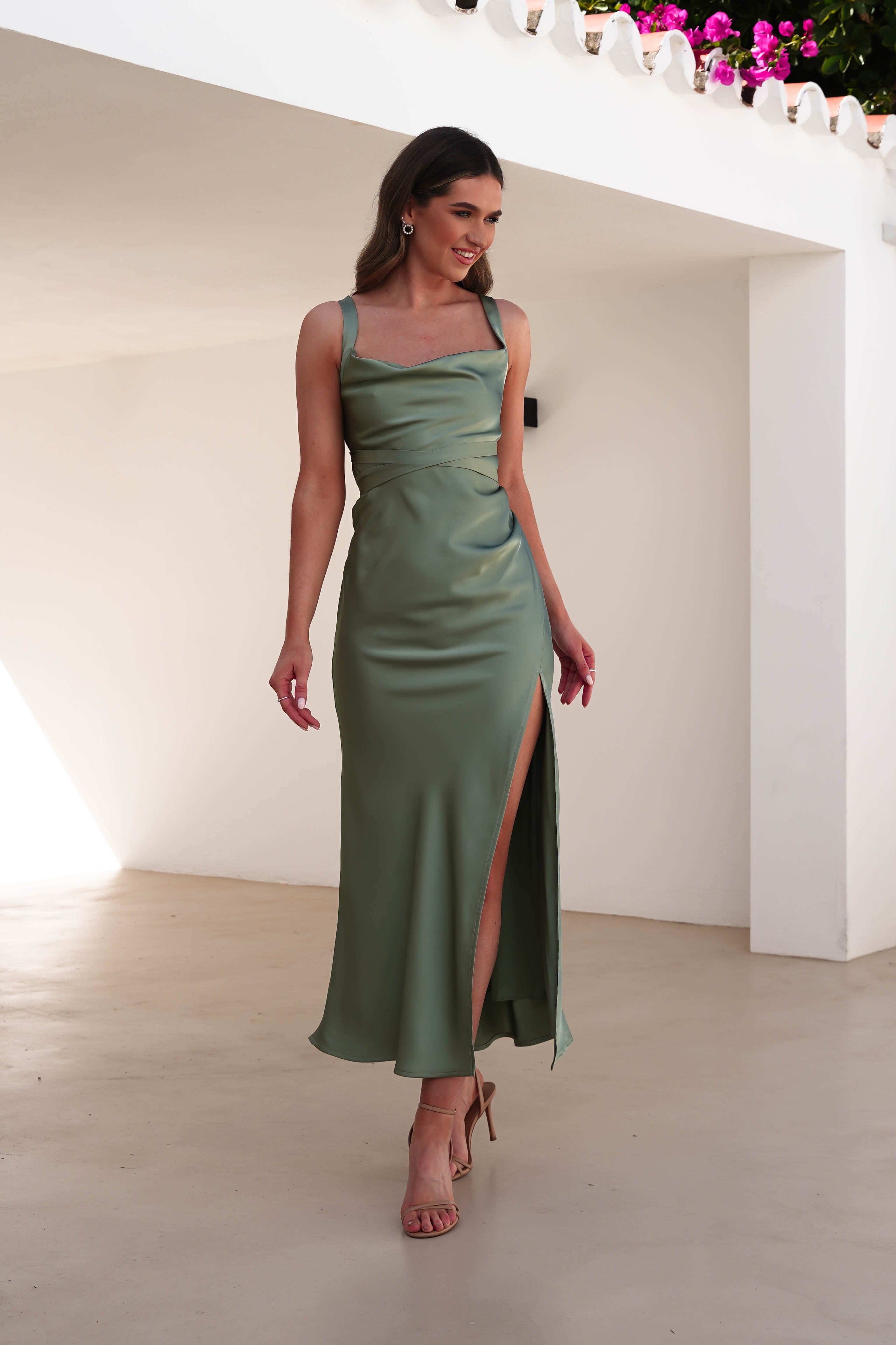Salma Soft Matte Satin Midaxi Dress Olive | Wedding Guest Dress | Satin | Oh Hello Clothing