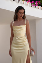 Salma Soft Matte Satin Midaxi Dress Yellow | Wedding Guest Dress | Satin | Oh Hello Clothing