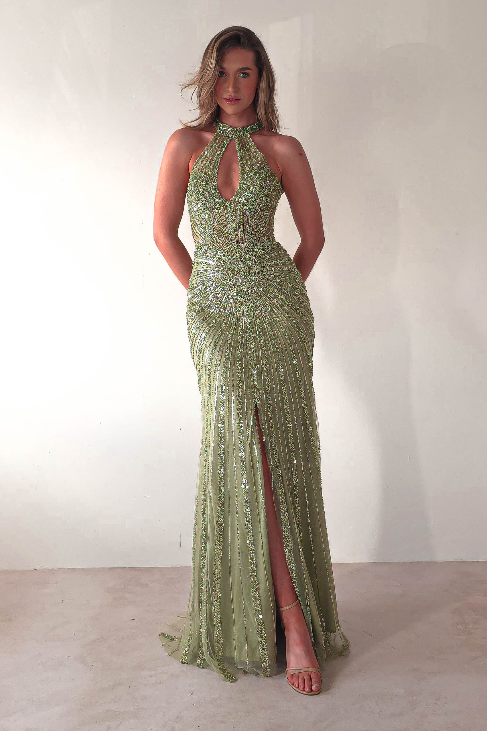 Santana Beaded Keyhole Gown | Green | Debs & Prom | Formal Gown | Oh Hello Clothing