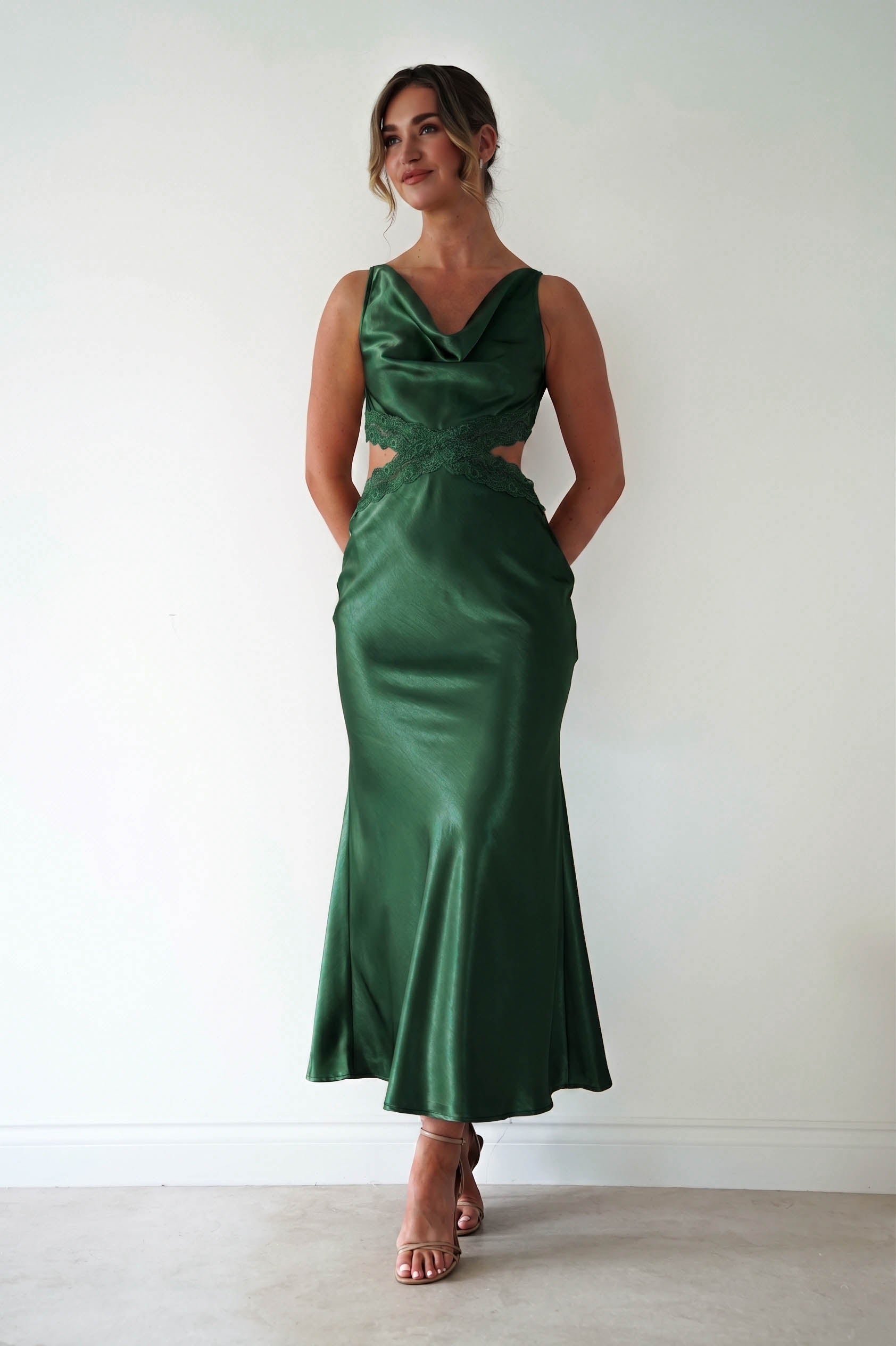 Oh Hello Clothing Women > Clothing > Dresses Saoirse Satin Lace Cut Out Maxi Dress | Dark Green