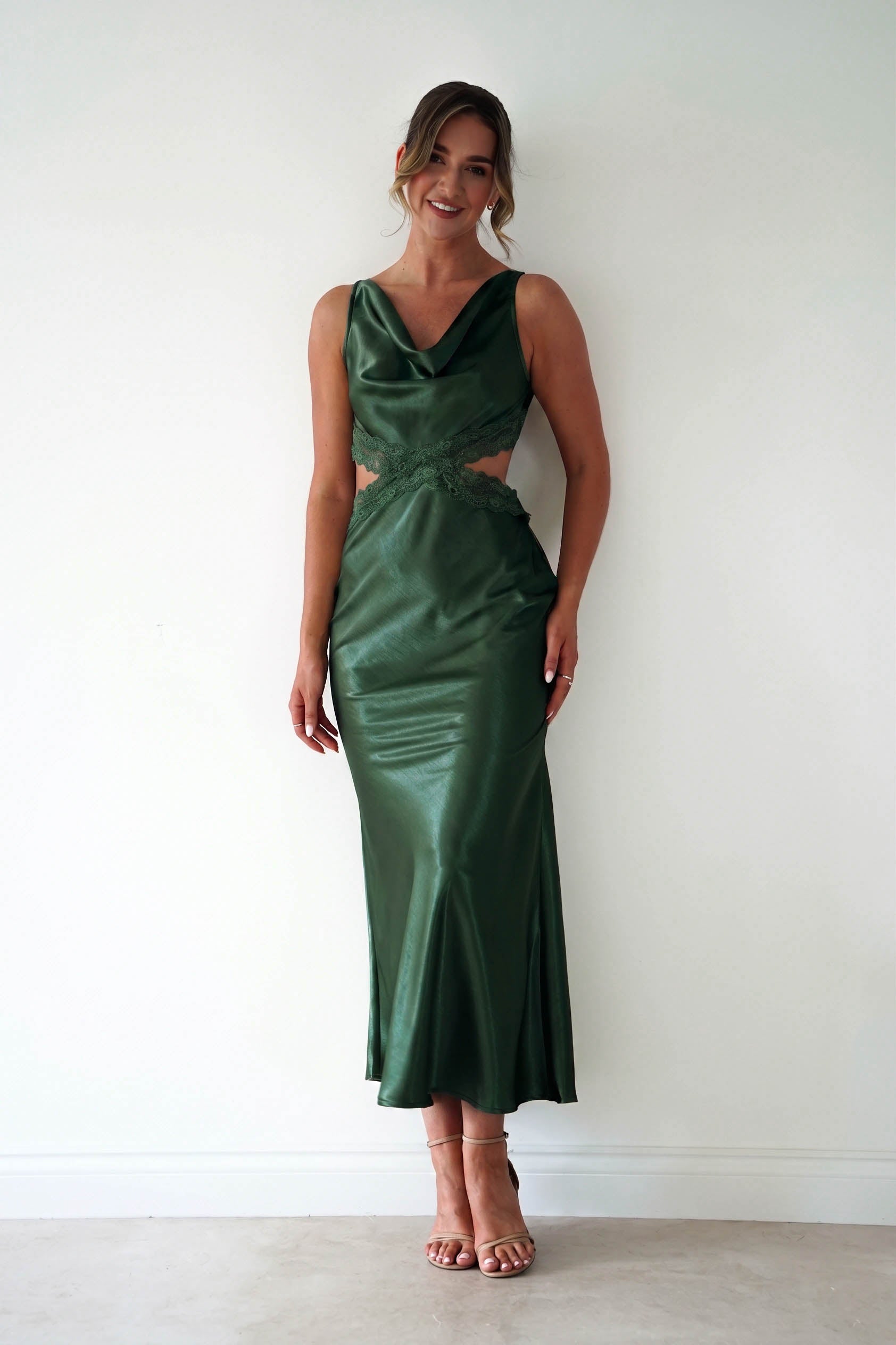 Oh Hello Clothing Women > Clothing > Dresses Saoirse Satin Lace Cut Out Maxi Dress | Dark Green