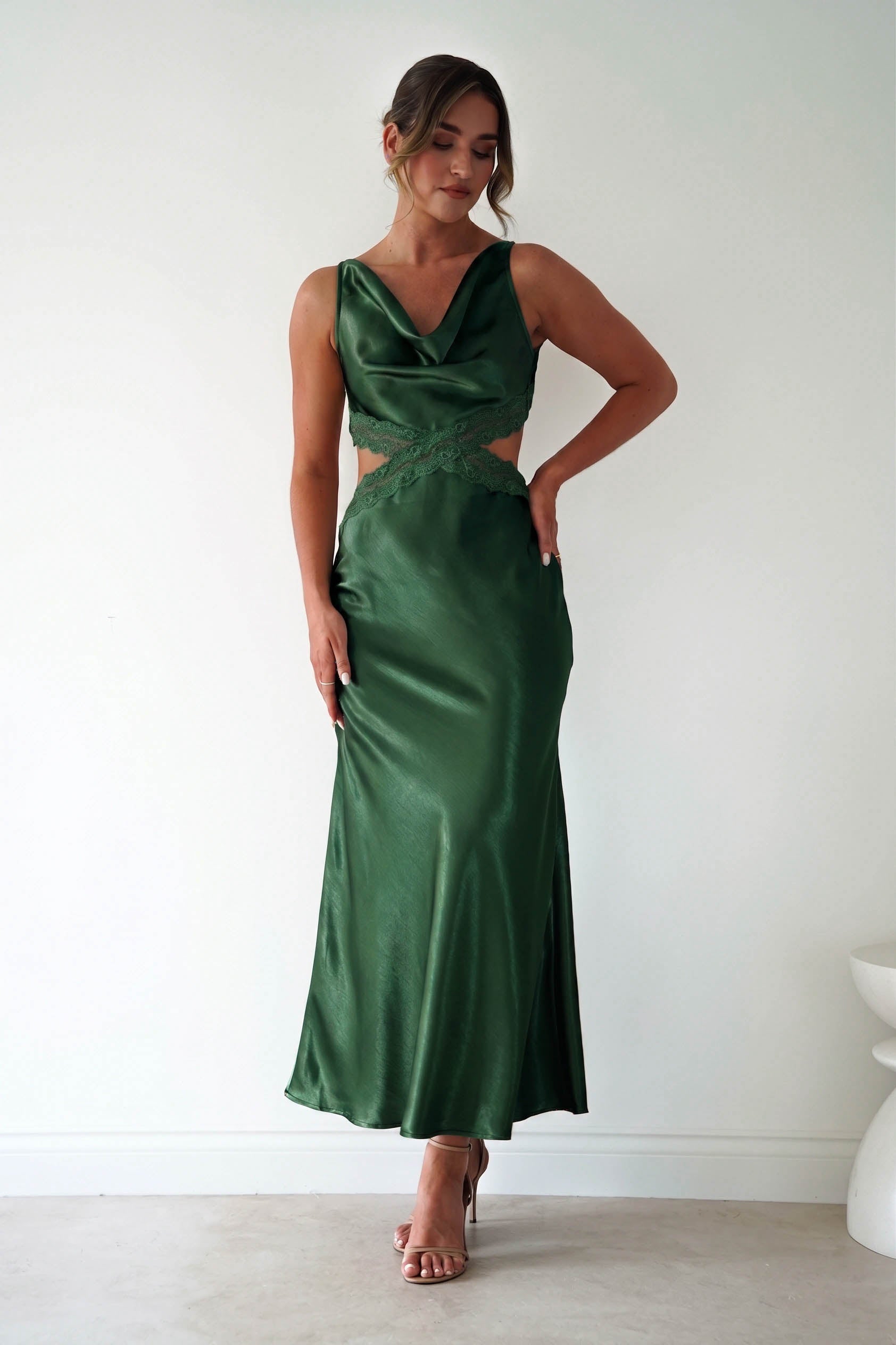 Oh Hello Clothing Women > Clothing > Dresses Saoirse Satin Lace Cut Out Maxi Dress | Dark Green