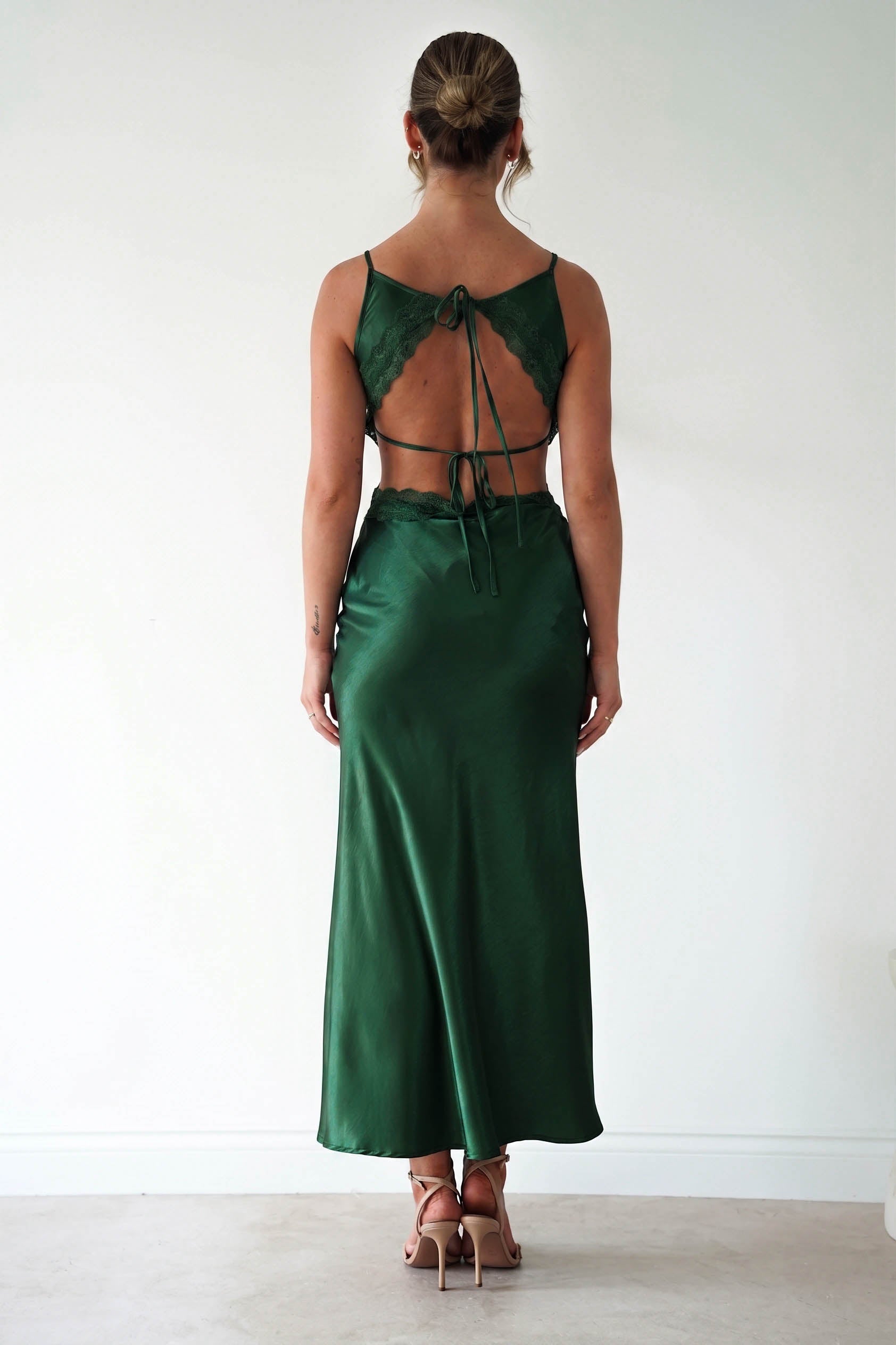 Oh Hello Clothing Women > Clothing > Dresses Saoirse Satin Lace Cut Out Maxi Dress | Dark Green