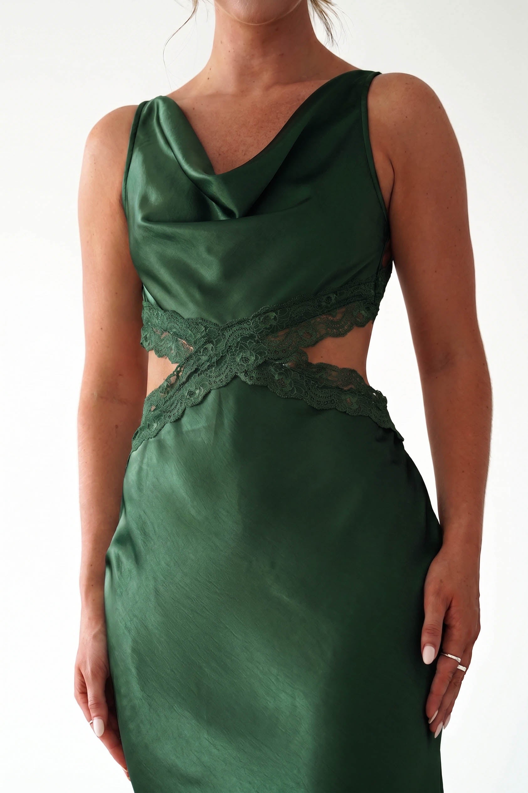Oh Hello Clothing Women > Clothing > Dresses Saoirse Satin Lace Cut Out Maxi Dress | Dark Green