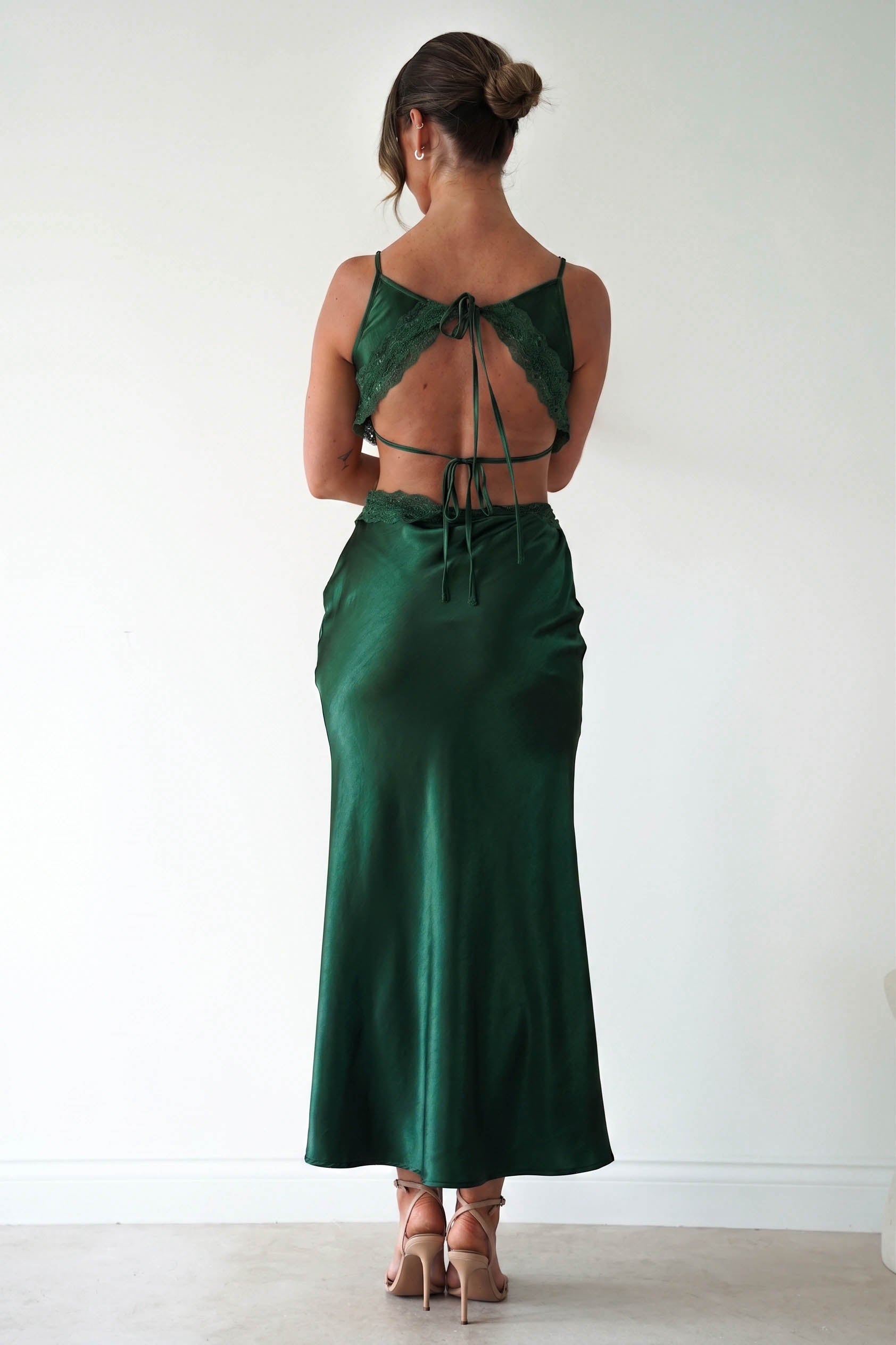Oh Hello Clothing Women > Clothing > Dresses Saoirse Satin Lace Cut Out Maxi Dress | Dark Green