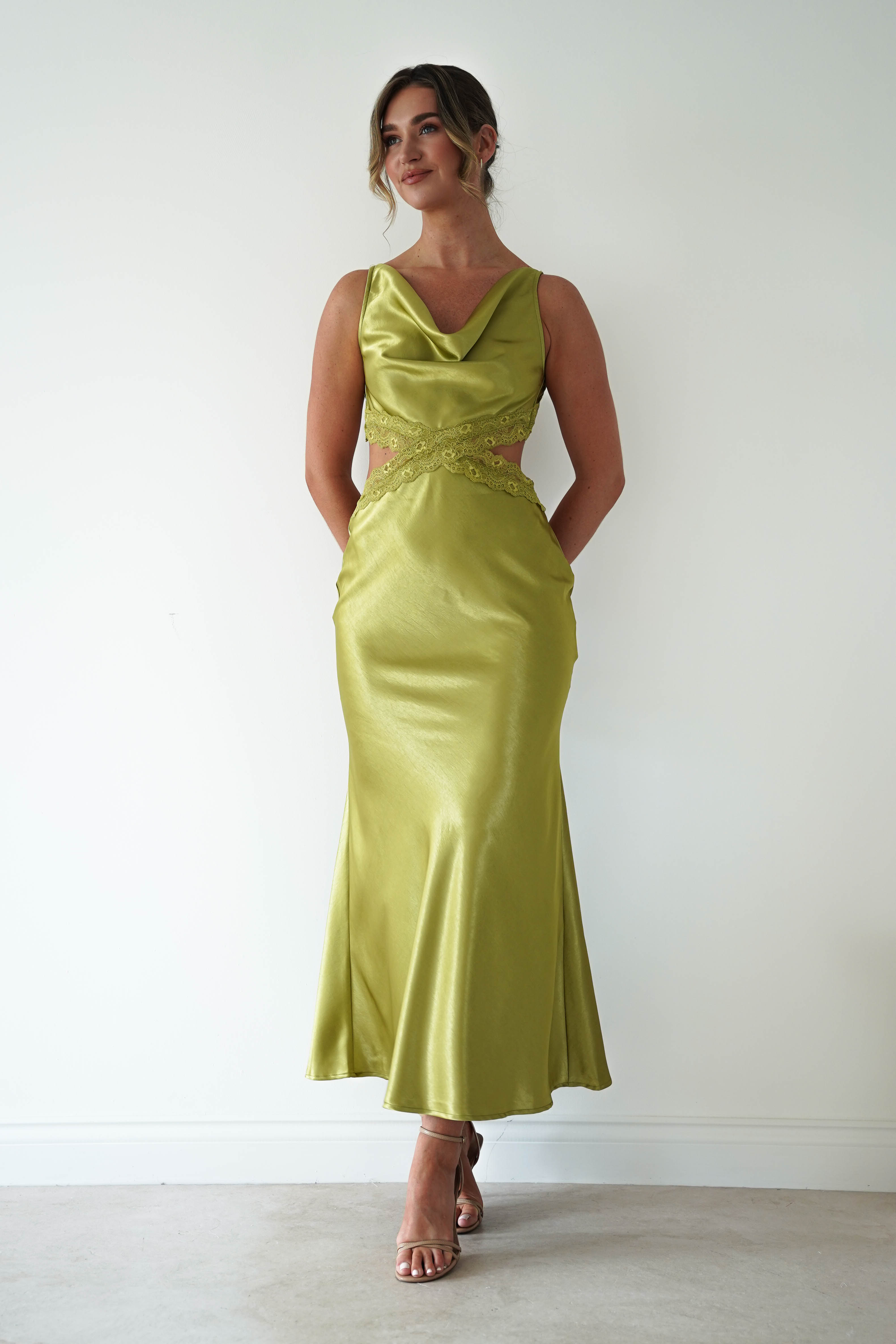 Oh Hello Clothing Women > Clothing > Dresses Saoirse Satin Lace Cut Out Maxi Dress | Lime