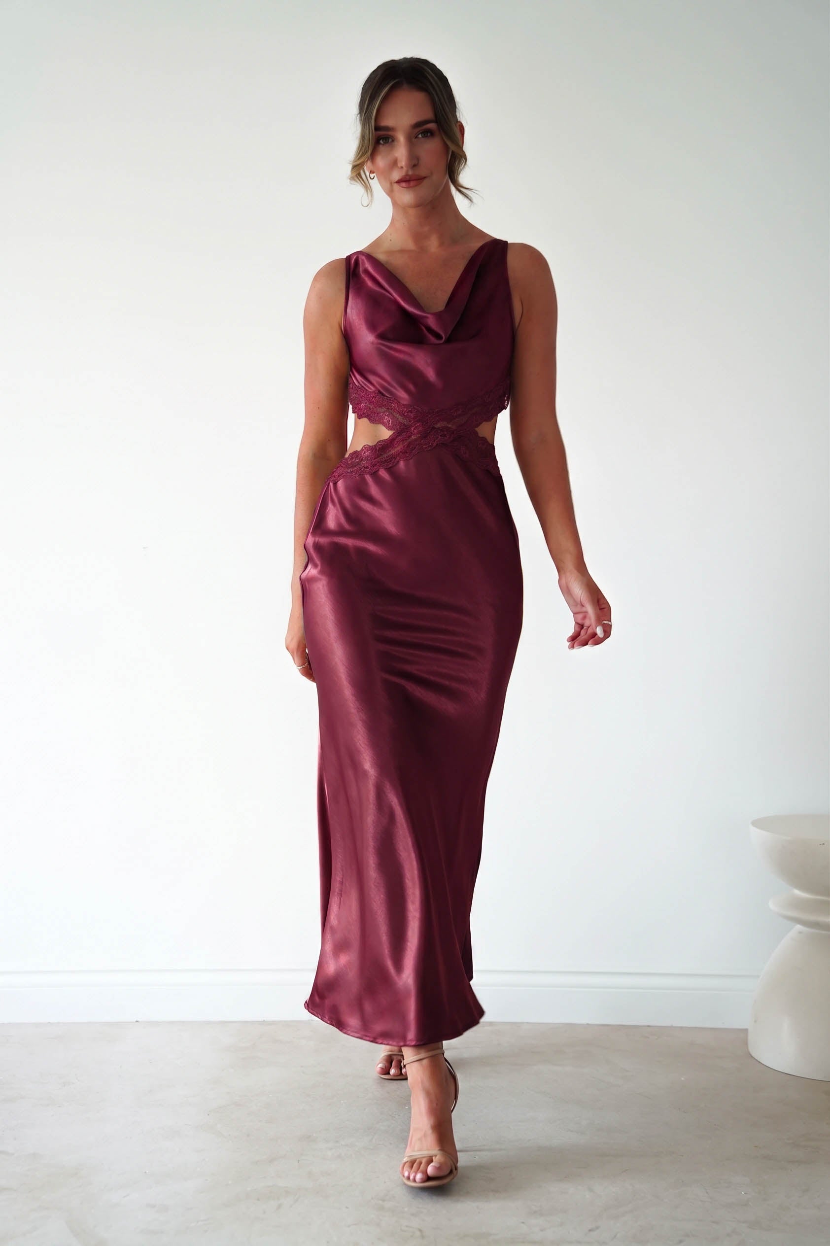 Oh Hello Clothing Women > Clothing > Dresses Saoirse Satin Lace Cut Out Maxi Dress | Wine